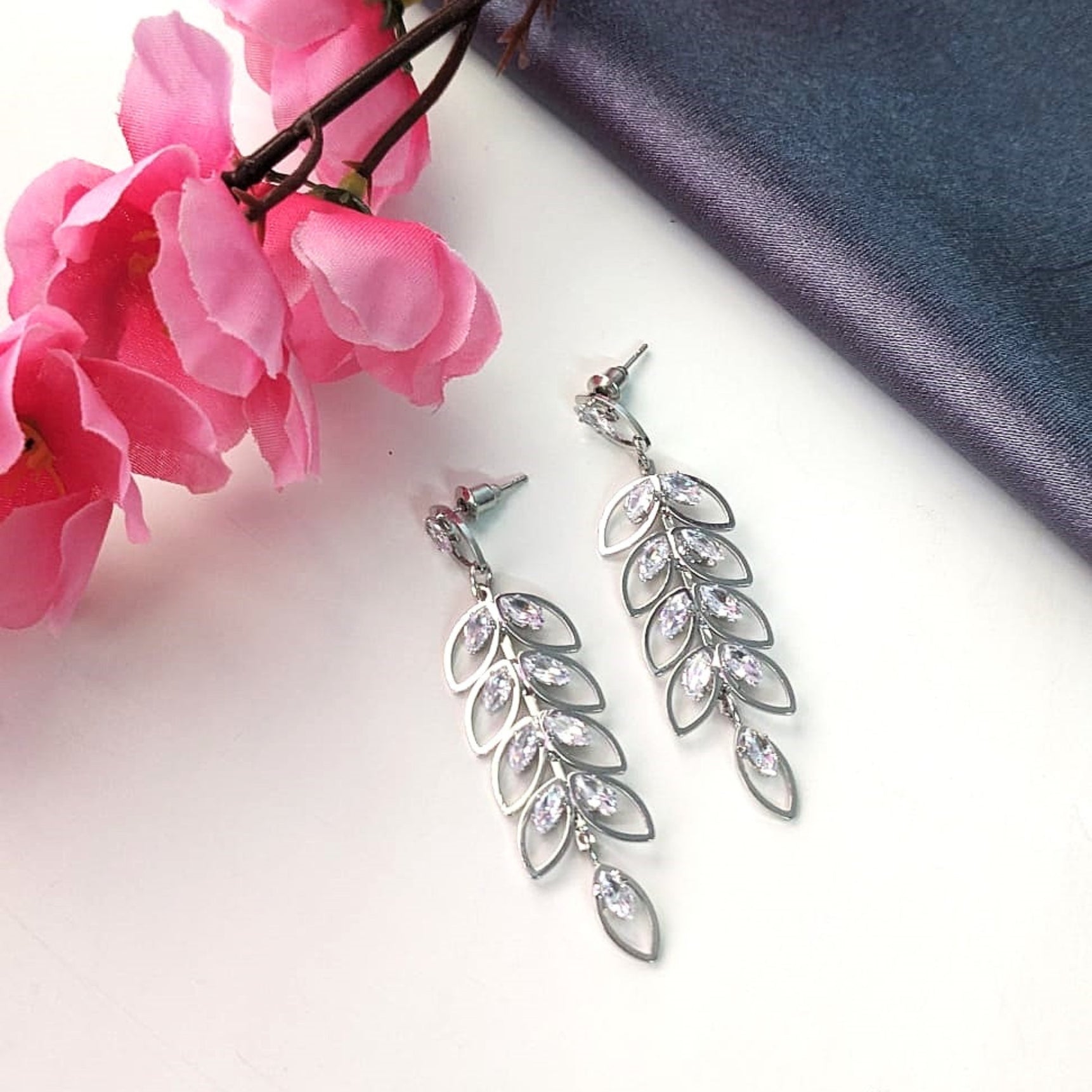 Silver Crystal Leaf Dangler Earrings