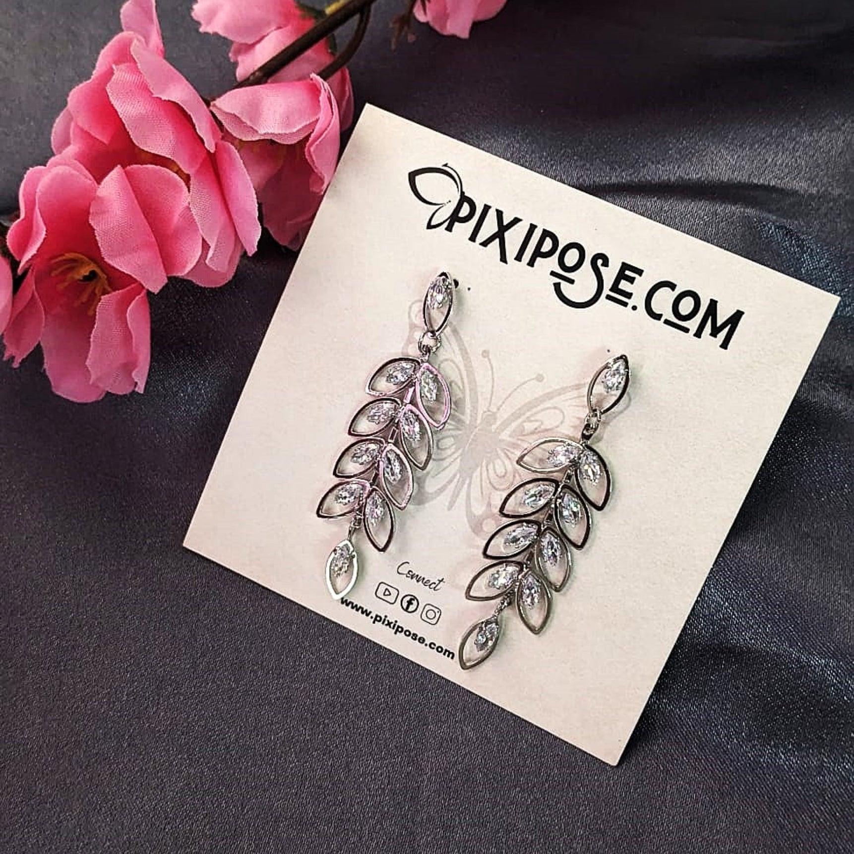Silver Crystal Leaf Dangler Earrings