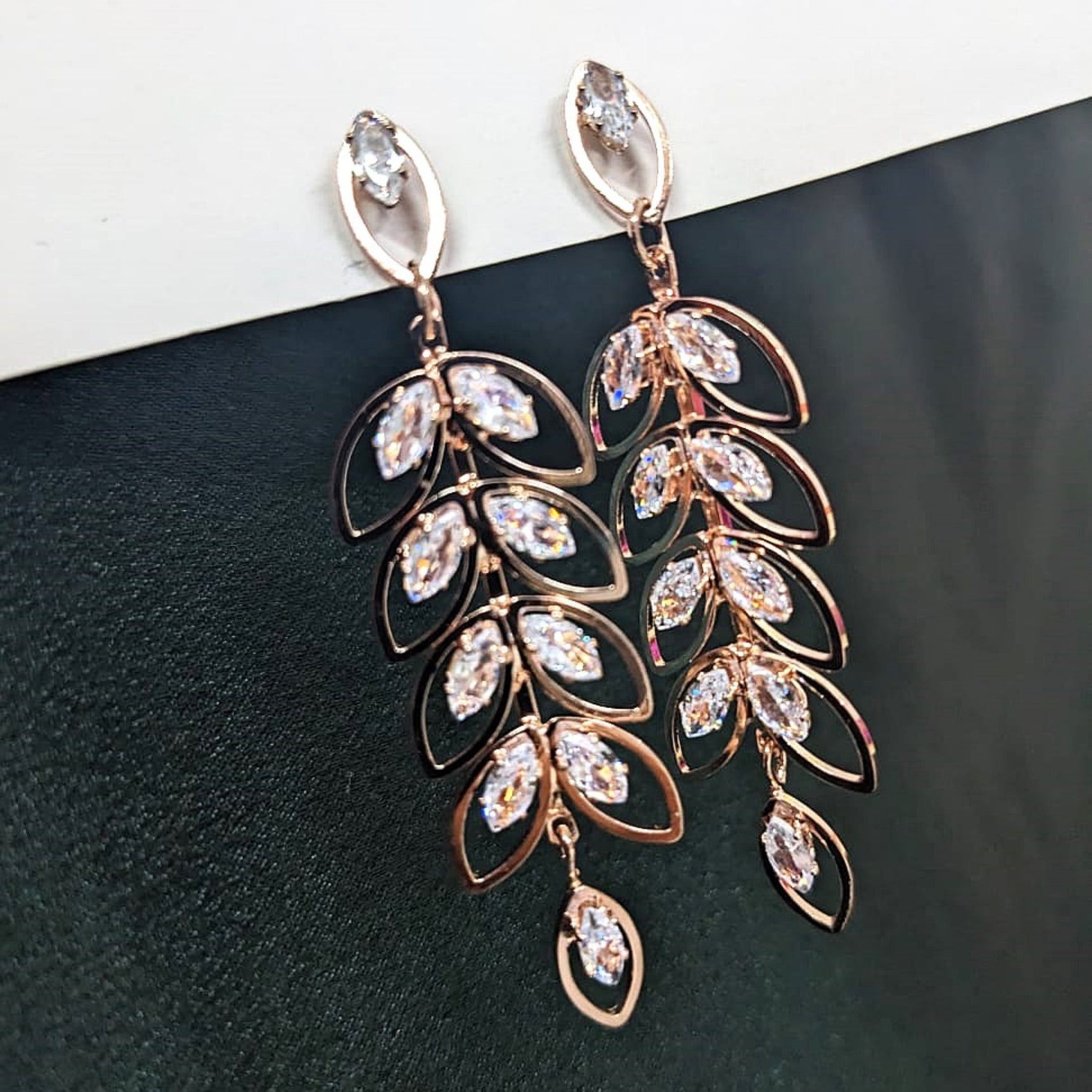 Rosegold Crystal Leaf Dangler Earrings