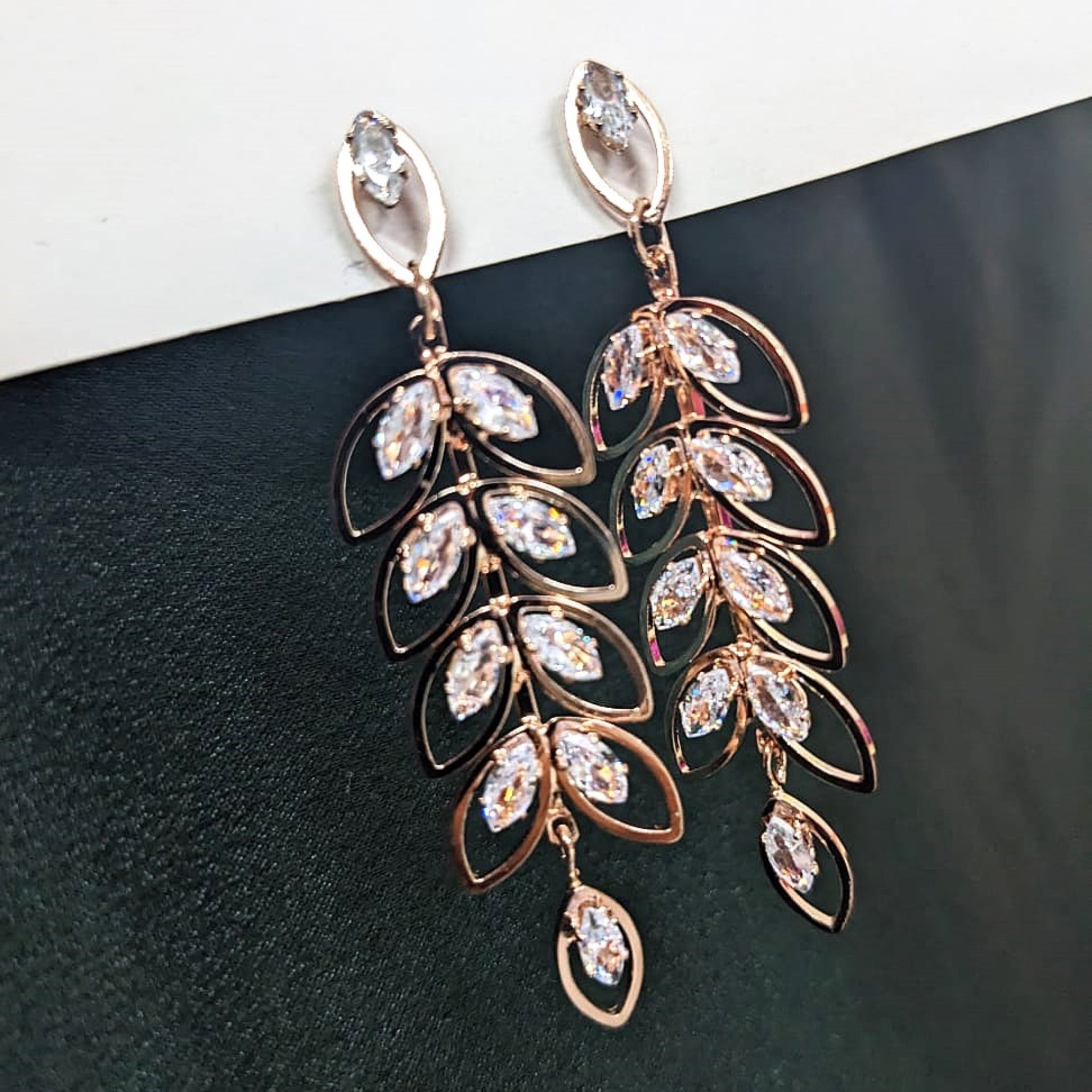 Rosegold Crystal Leaf Dangler Earrings
