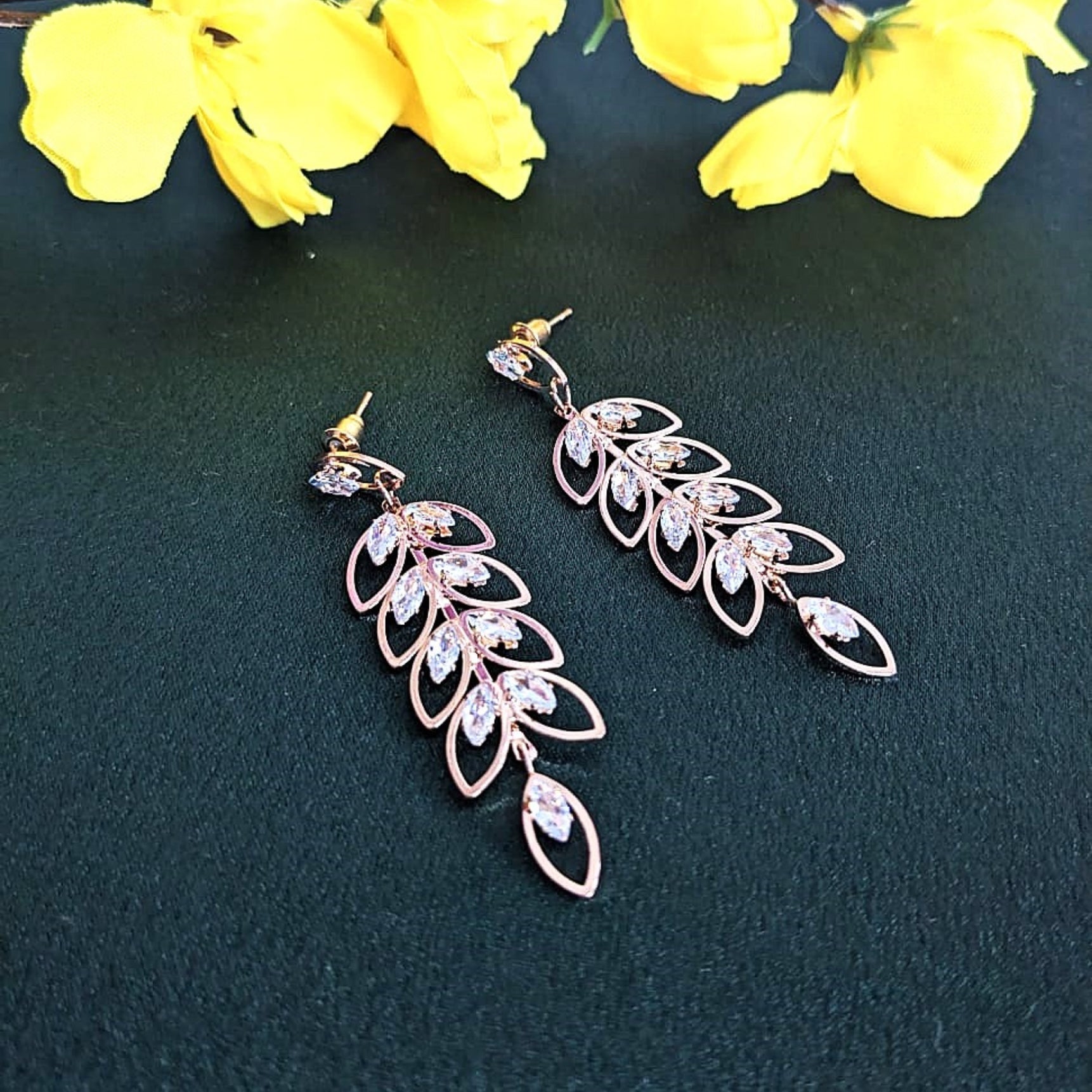 Rosegold Crystal Leaf Dangler Earrings