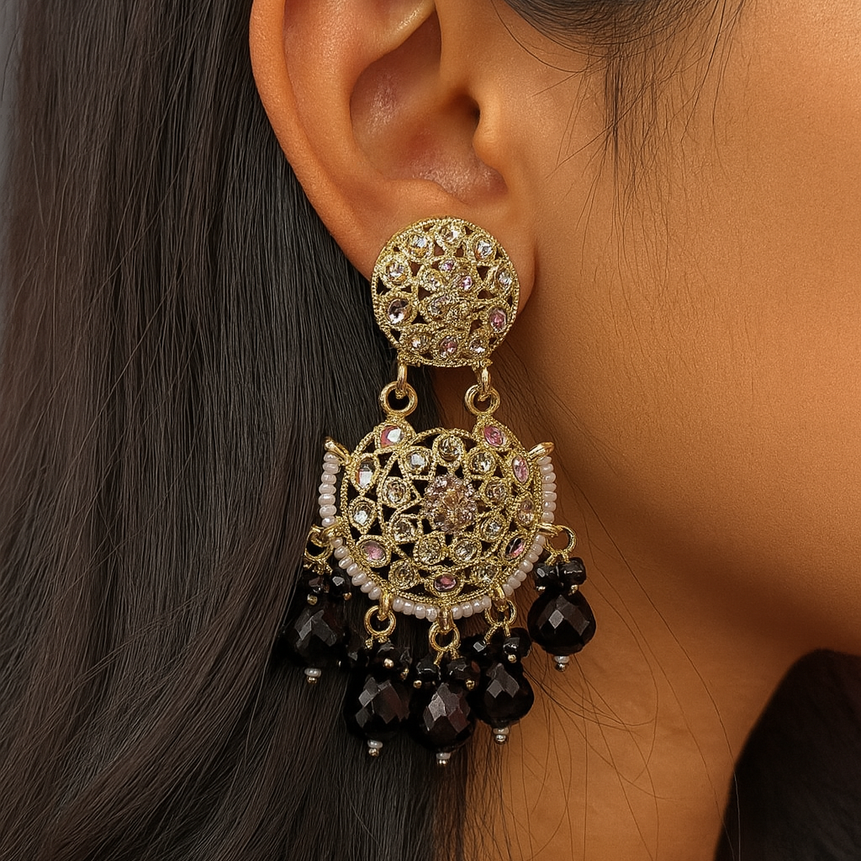 Long Designer Beads Chand Bali Earrings – Festive Ethnic Glam for Women