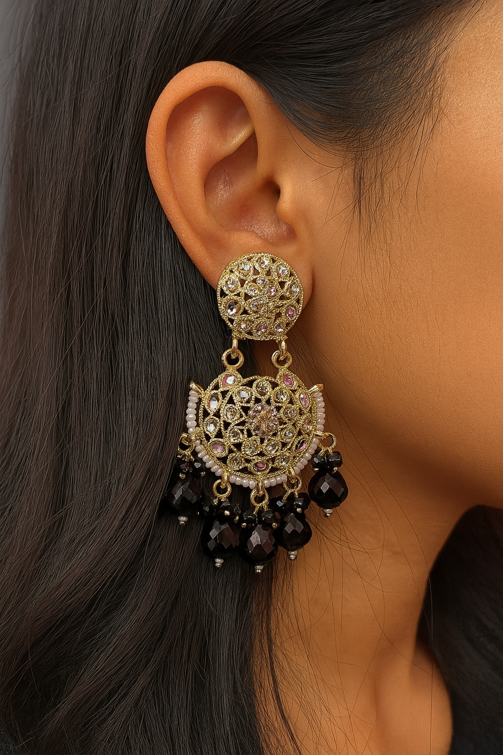 Long Designer Beads Chand Bali Earrings – Festive Ethnic Glam for Women