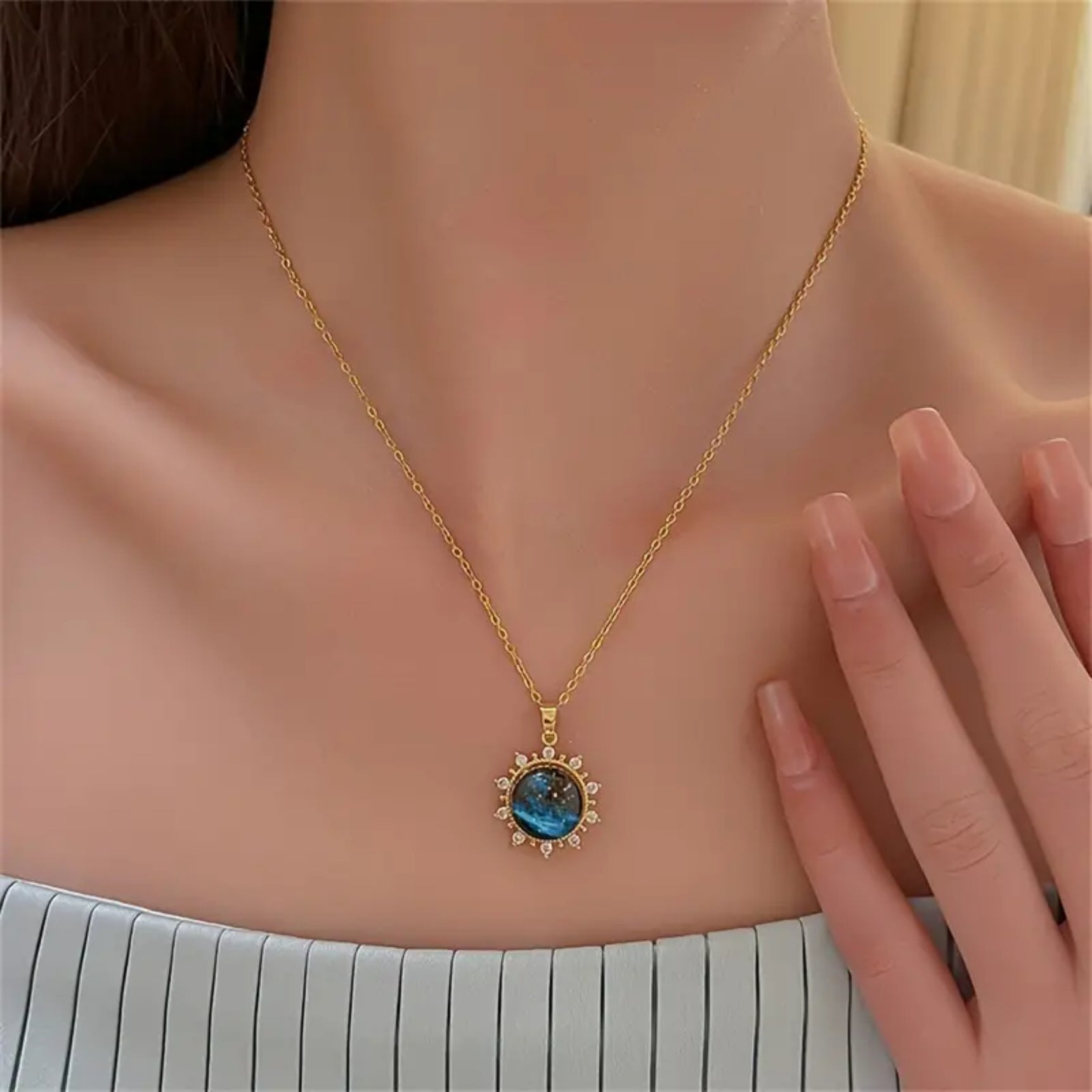 Blue Galaxy Pendant Gold Chain Necklace