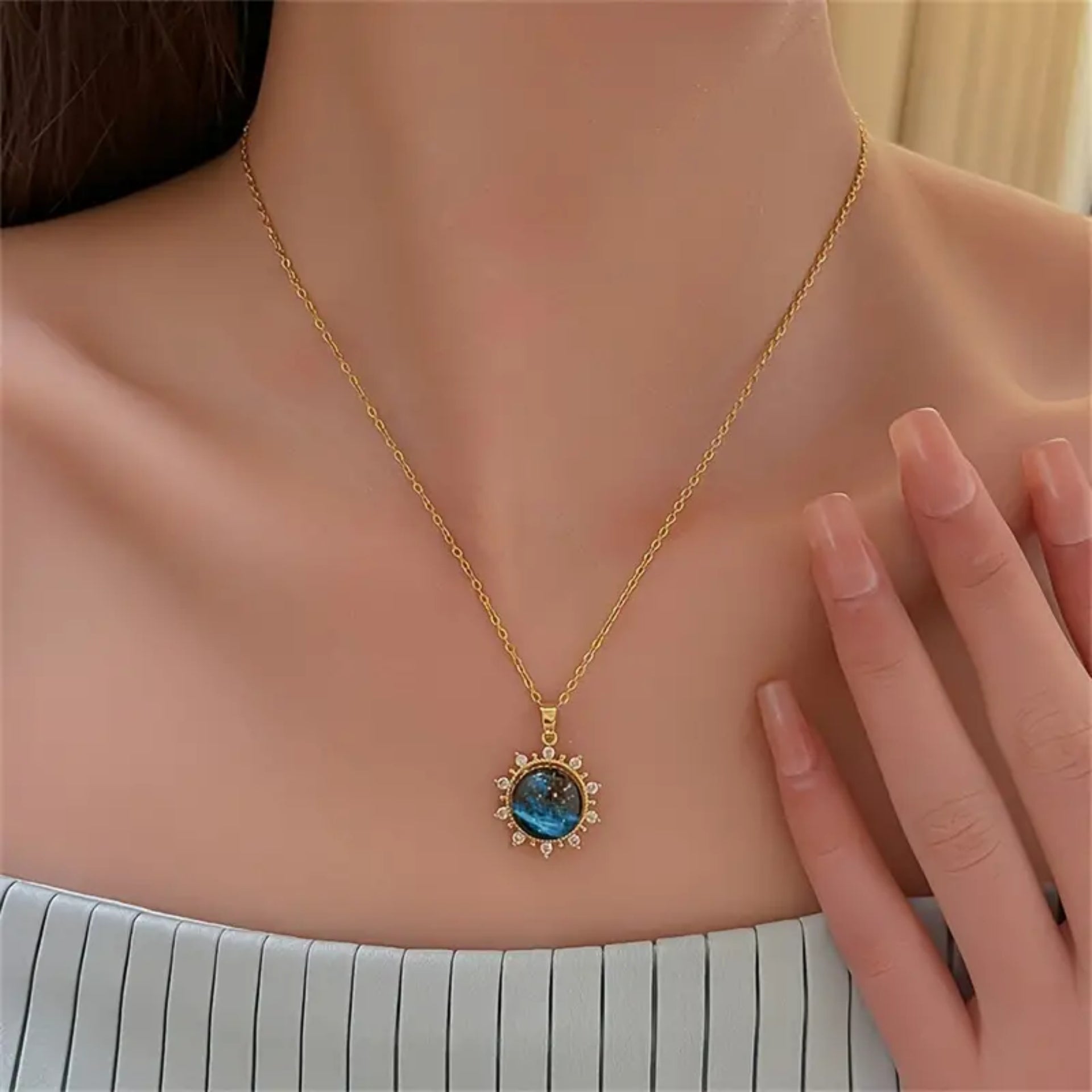 Blue Galaxy Pendant Gold Chain Necklace
