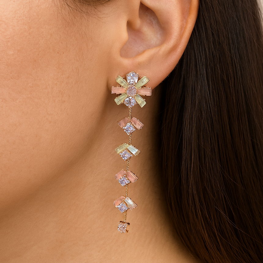 Dreamy Pastel Bloom Long Earrings – Rose Gold Finish