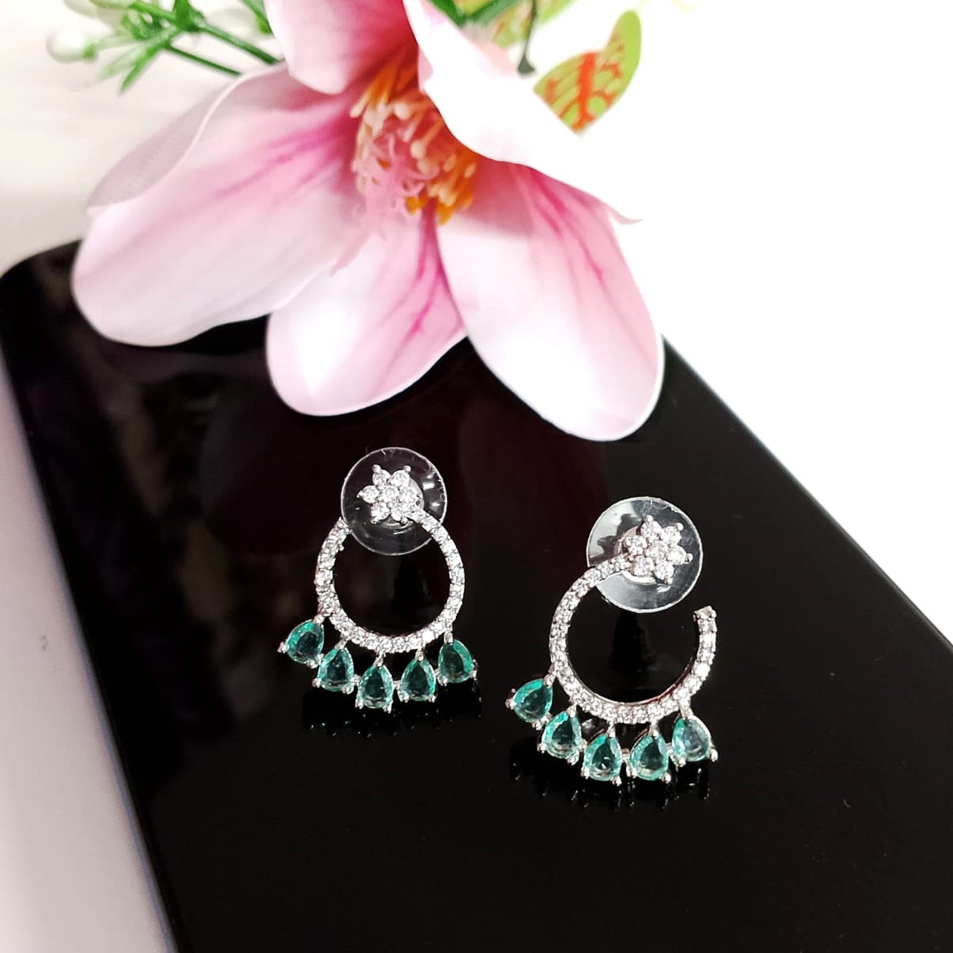 AD Flower Round Jhumka Mint Green