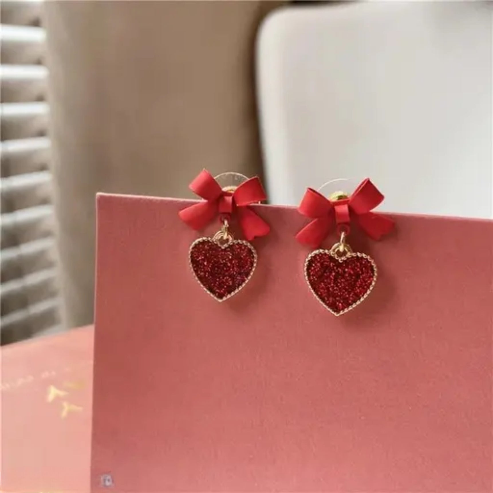 Tiny Red Heart Bow Studs Earrings