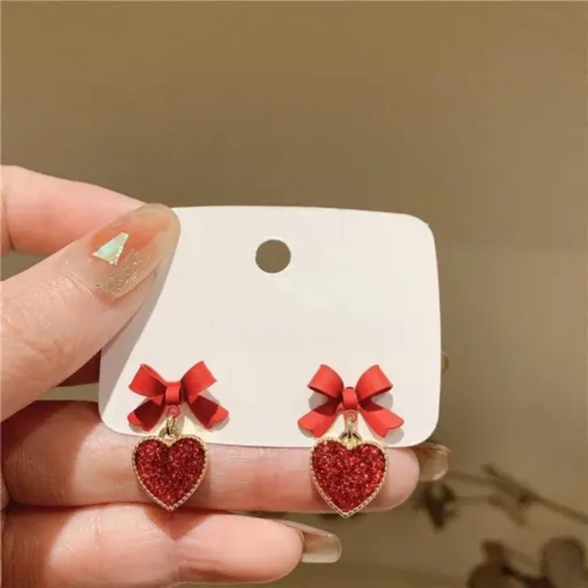 Tiny Red Heart Bow Studs Earrings
