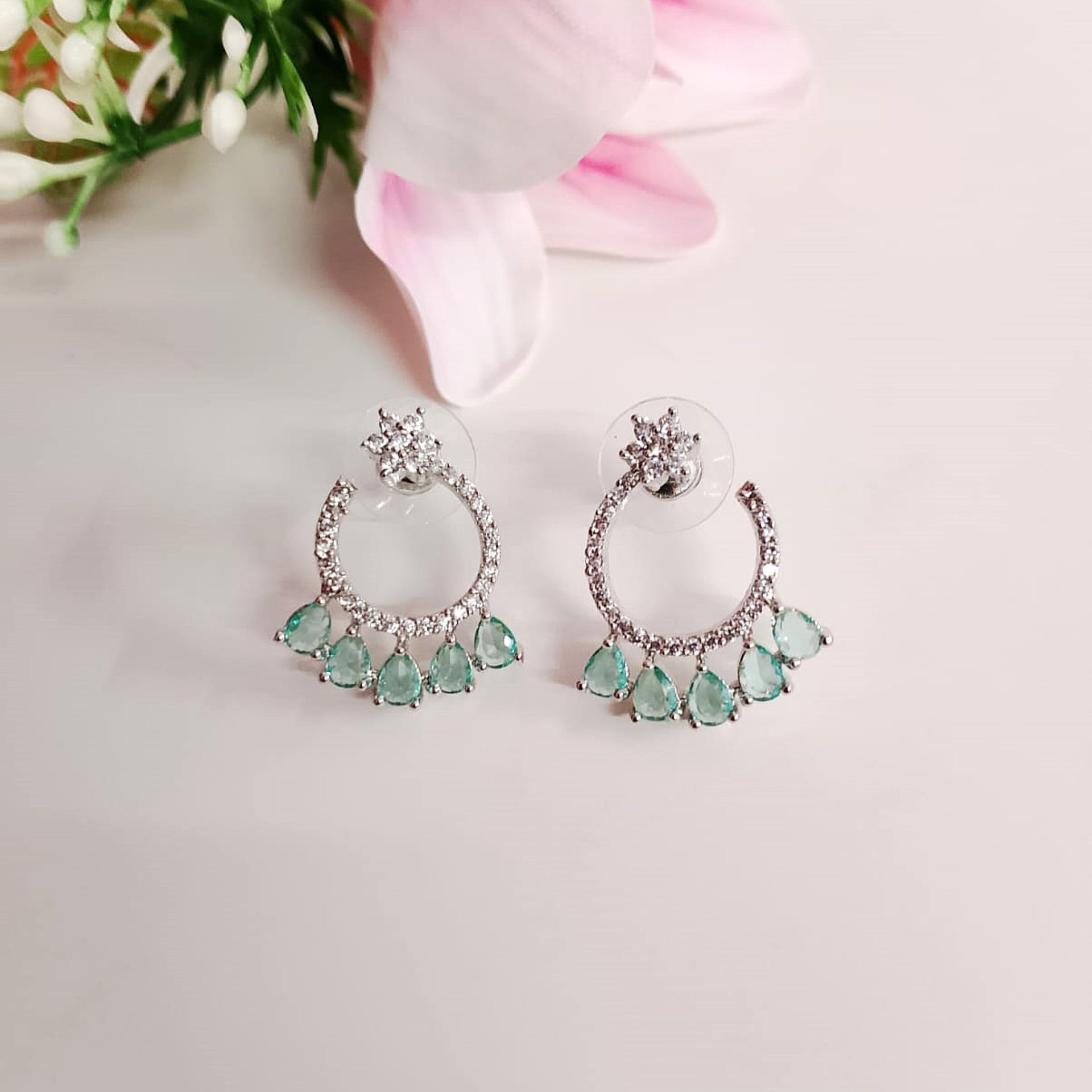 AD Flower Round Jhumka Mint Green