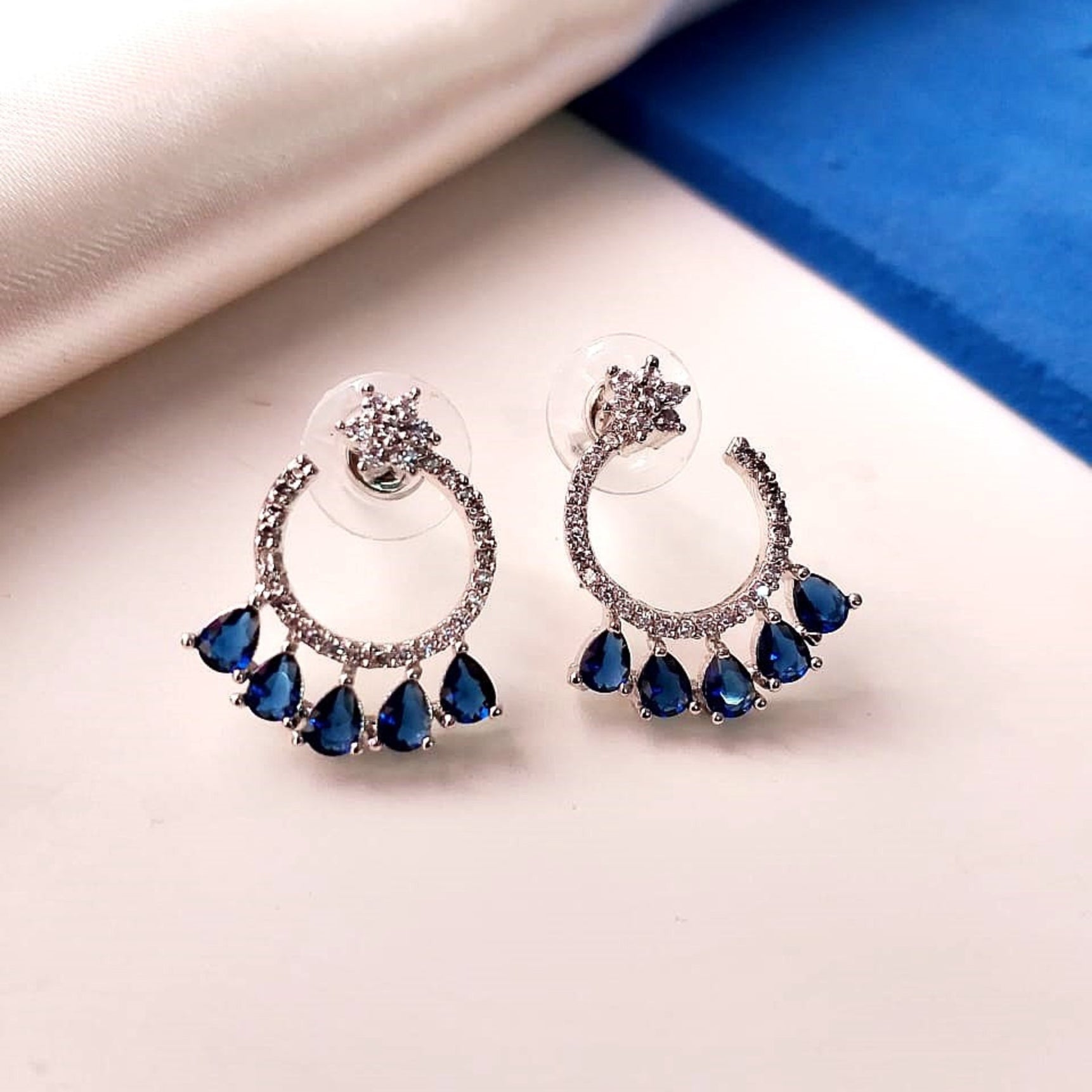 AD Flower Round Jhumka Blue