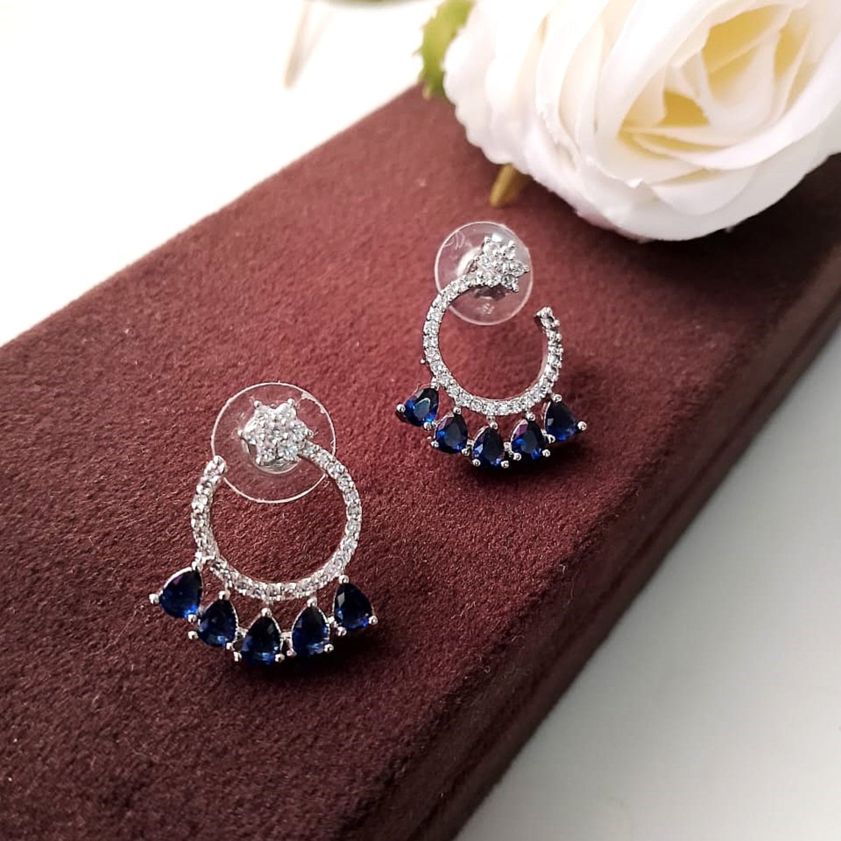 AD Flower Round Jhumka Blue