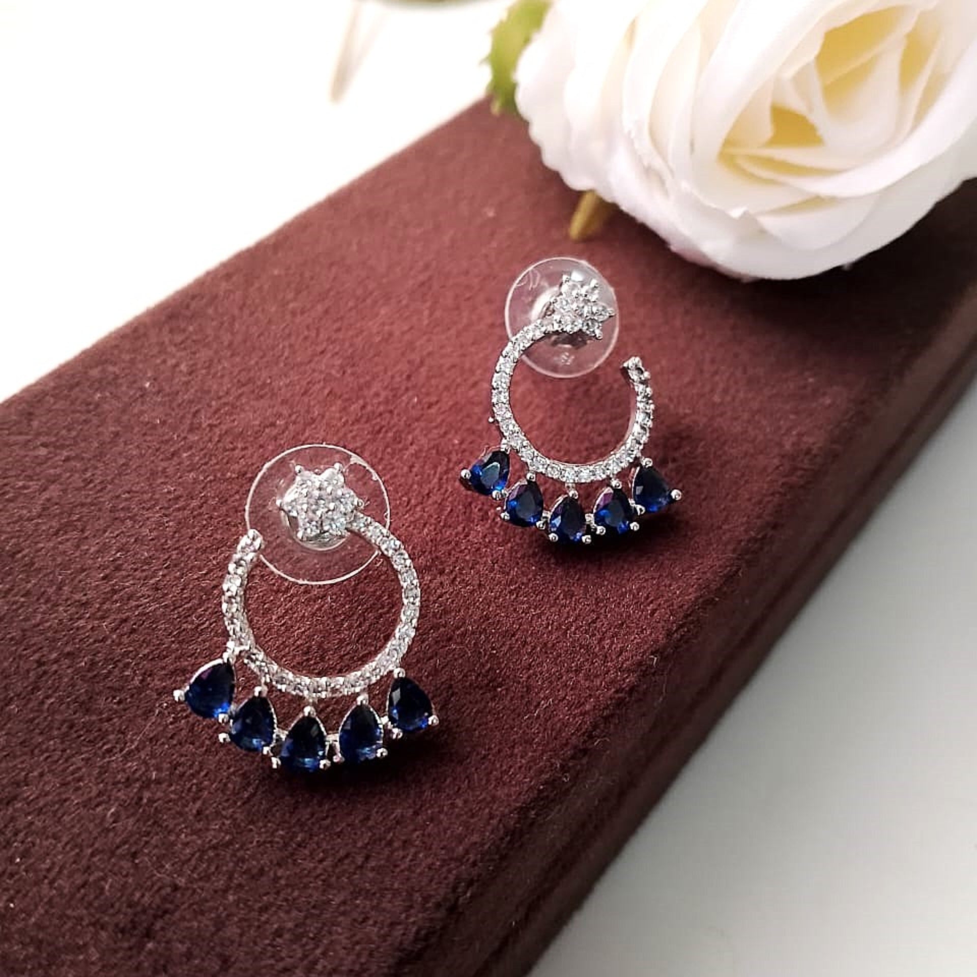 AD Flower Round Jhumka Blue