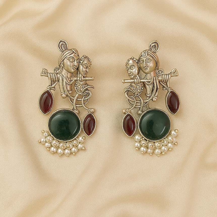 Radha Krishna Oxidised Earrings for women in Green with maroon Drops