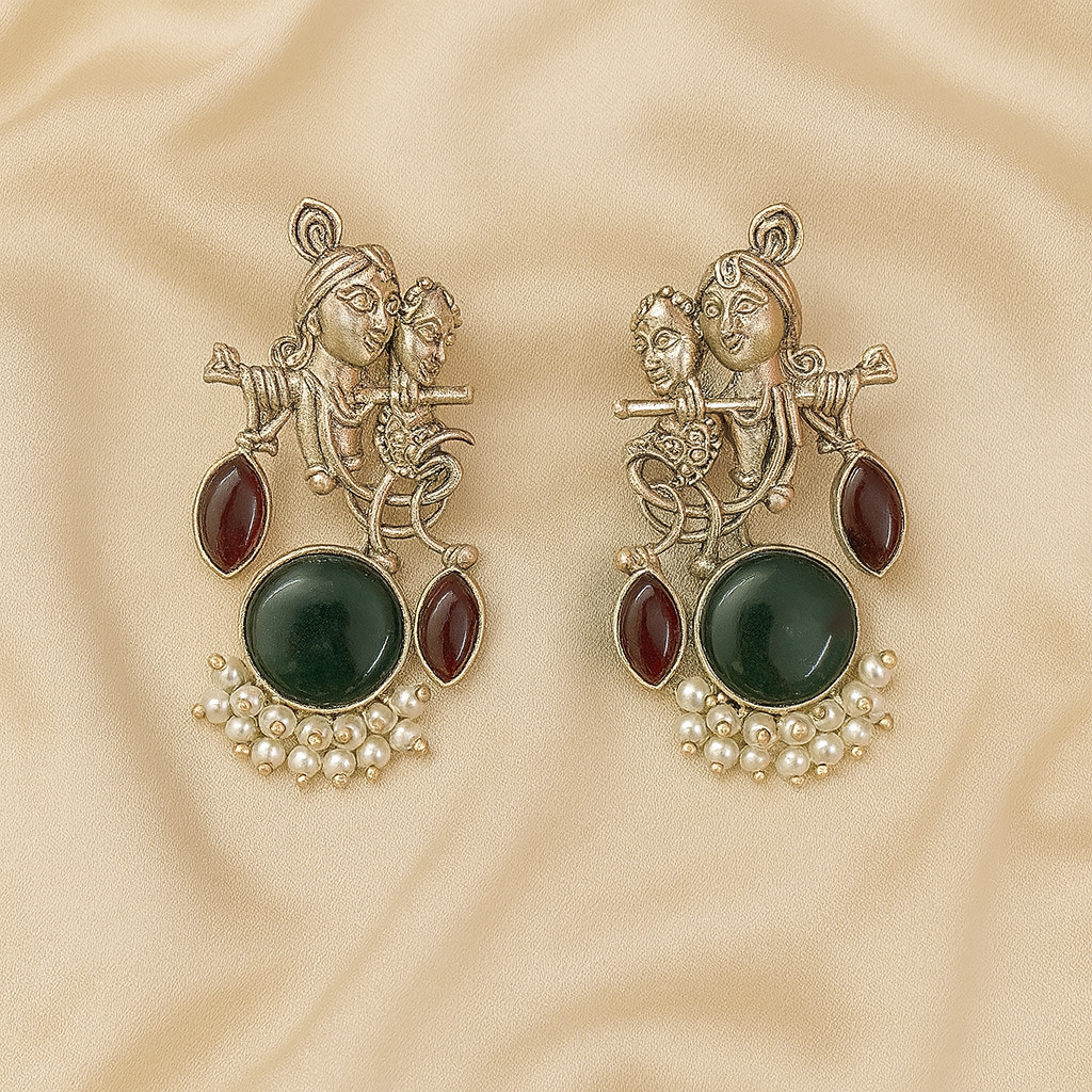 Radha Krishna Oxidised Earrings for women in Green with maroon Drops