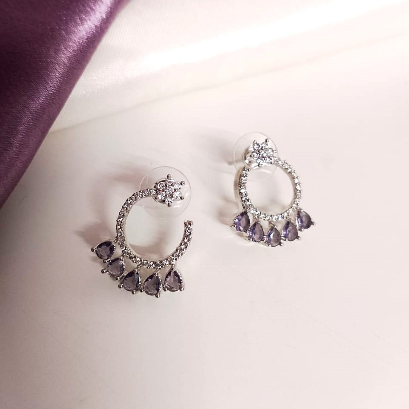 AD Flower Round Jhumka Purple