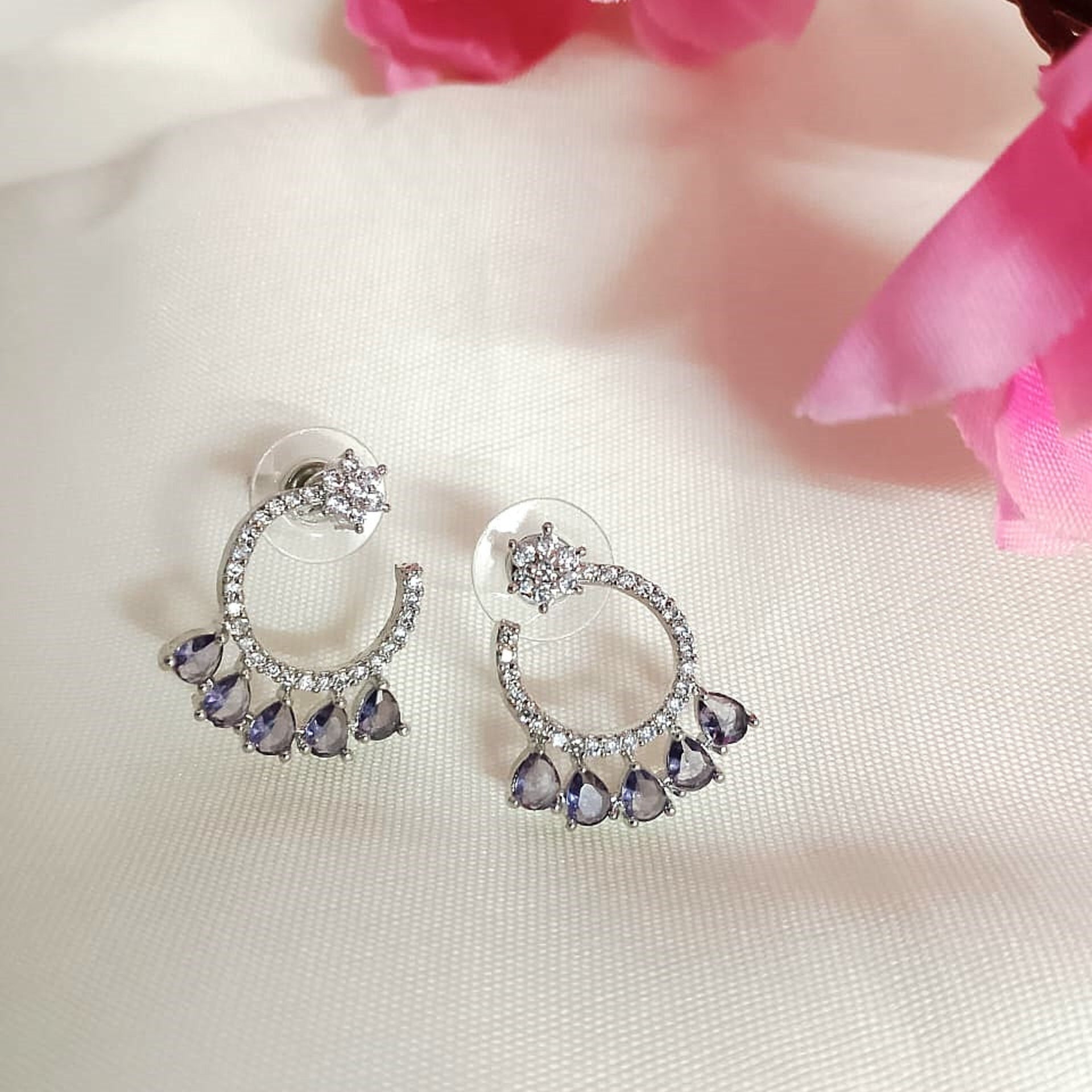 AD Flower Round Jhumka Purple