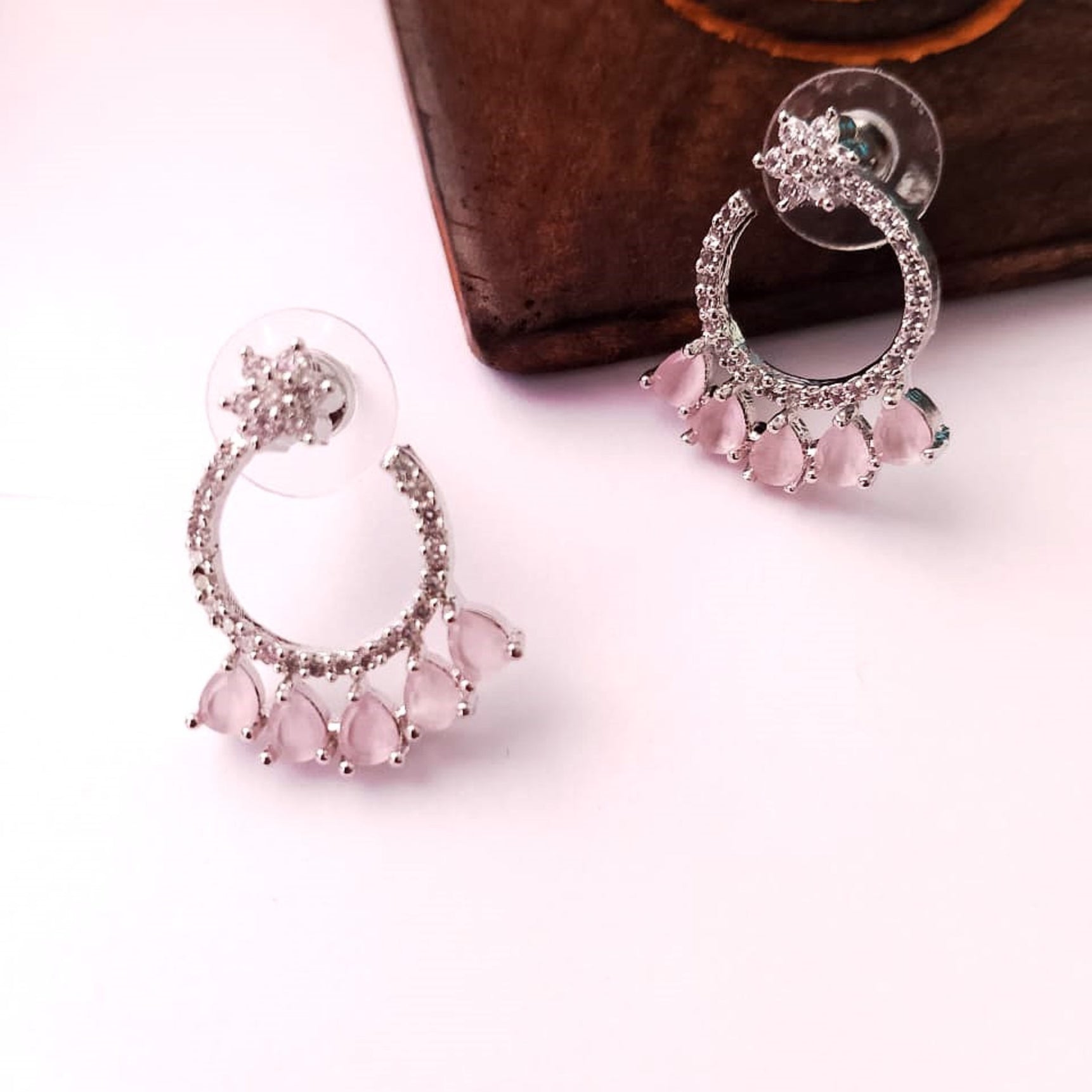 AD Flower Round Jhumka Pink