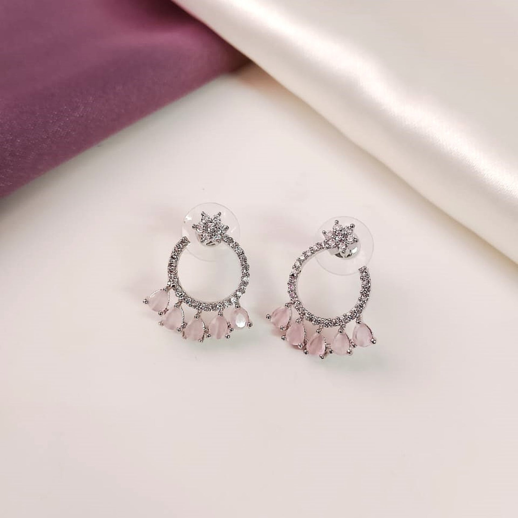 AD Flower Round Jhumka Pink