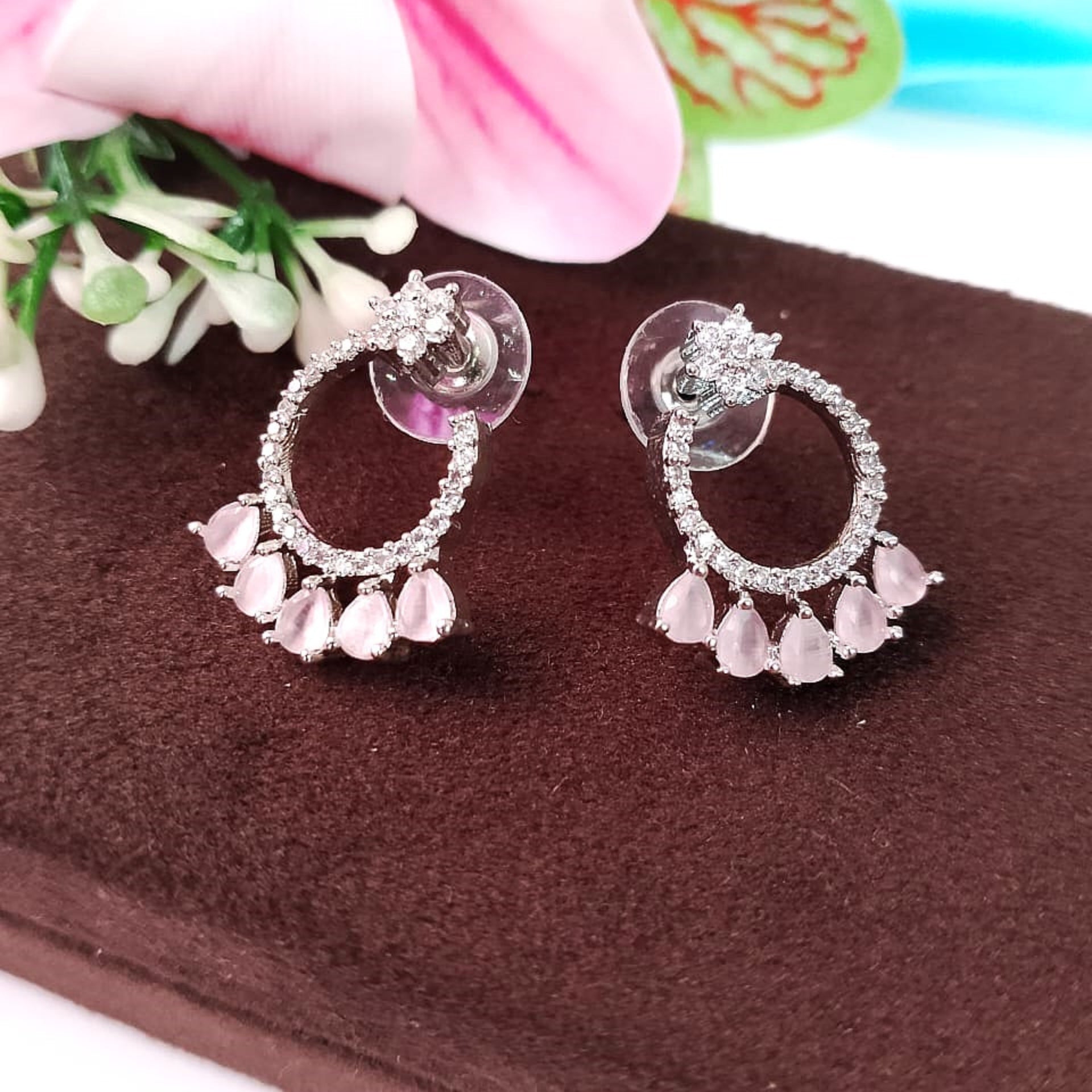 AD Flower Round Jhumka Pink