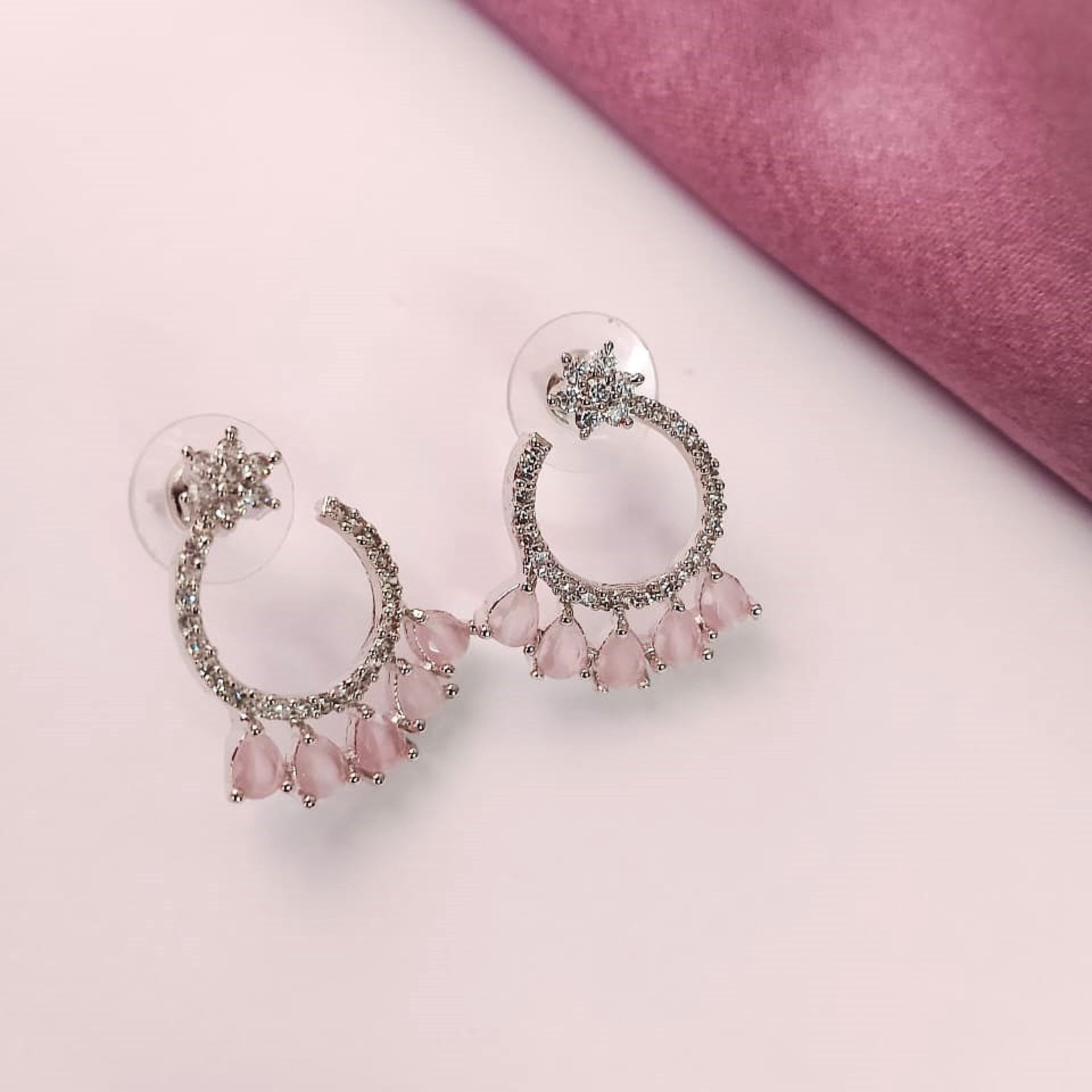 AD Flower Round Jhumka Pink