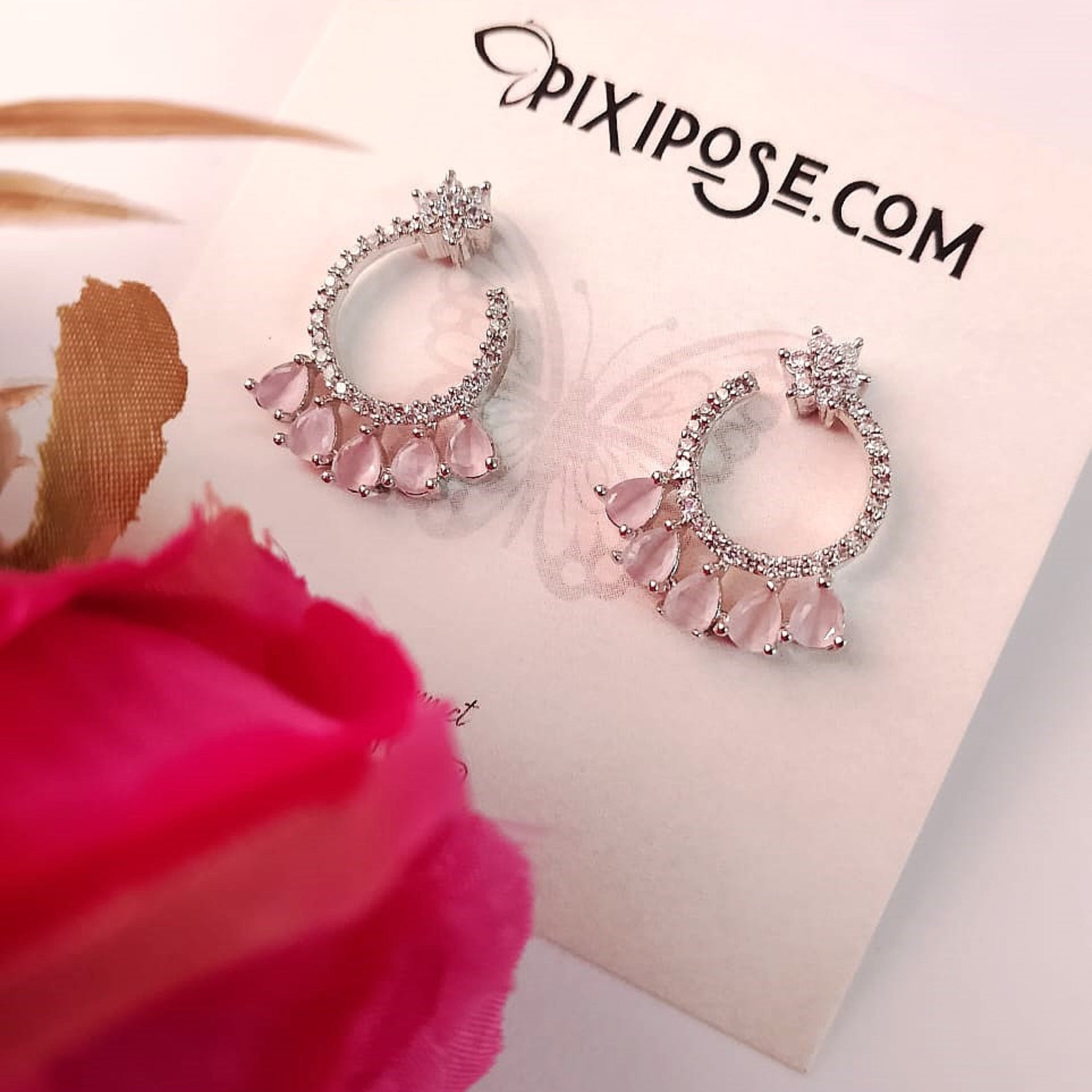 AD Flower Round Jhumka Pink