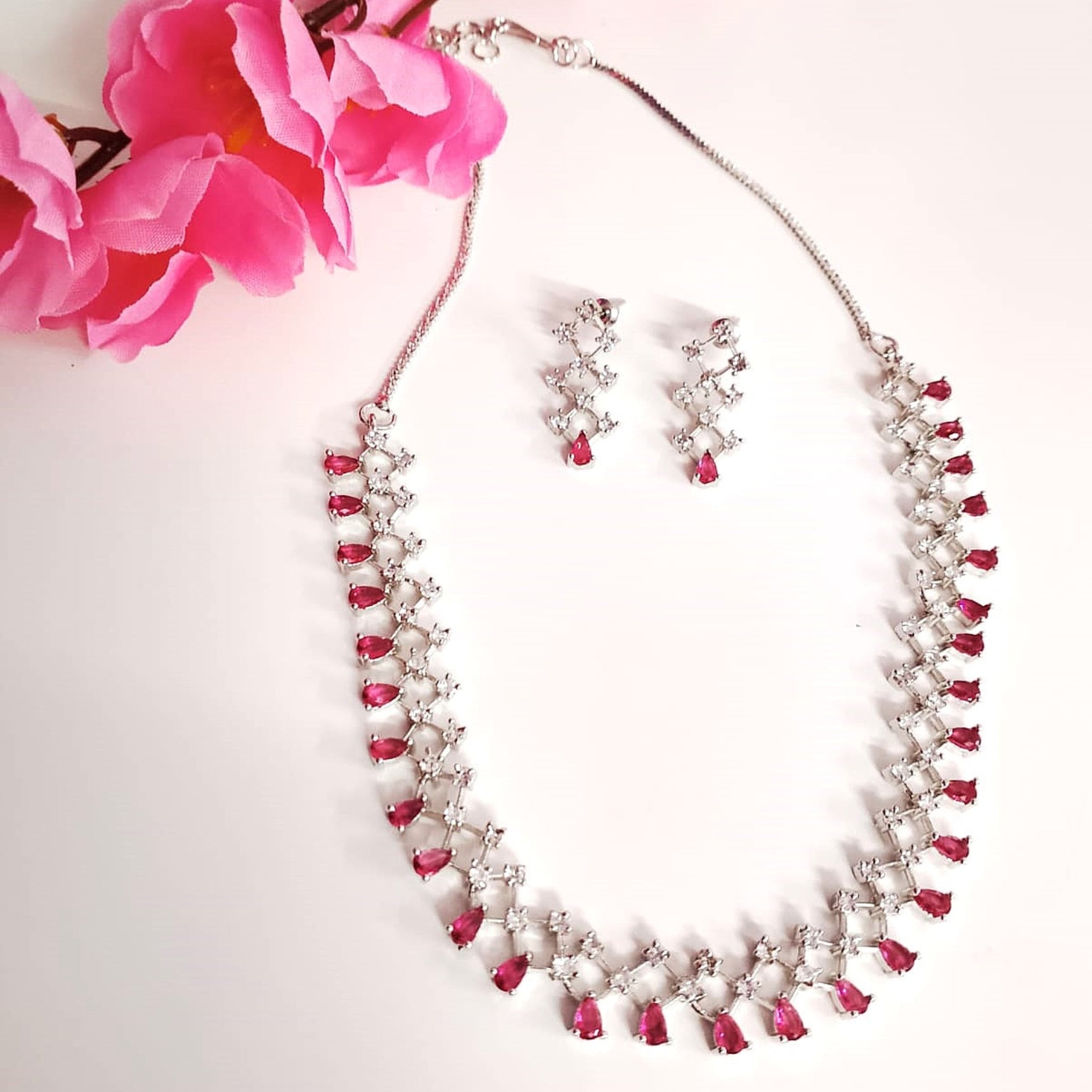 Radiant Zig Zag AD Red Necklace Set