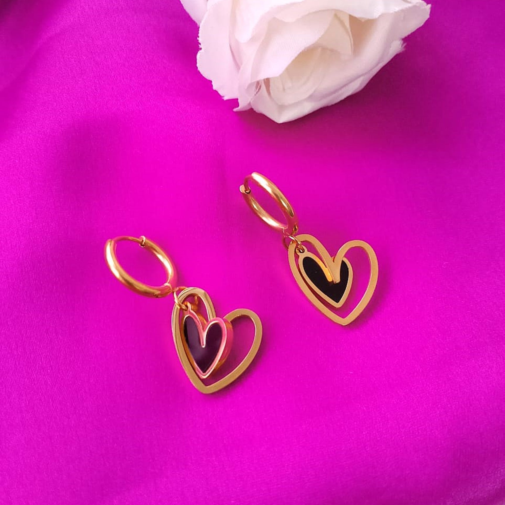 Golden & Black Heart Hoop Earrings