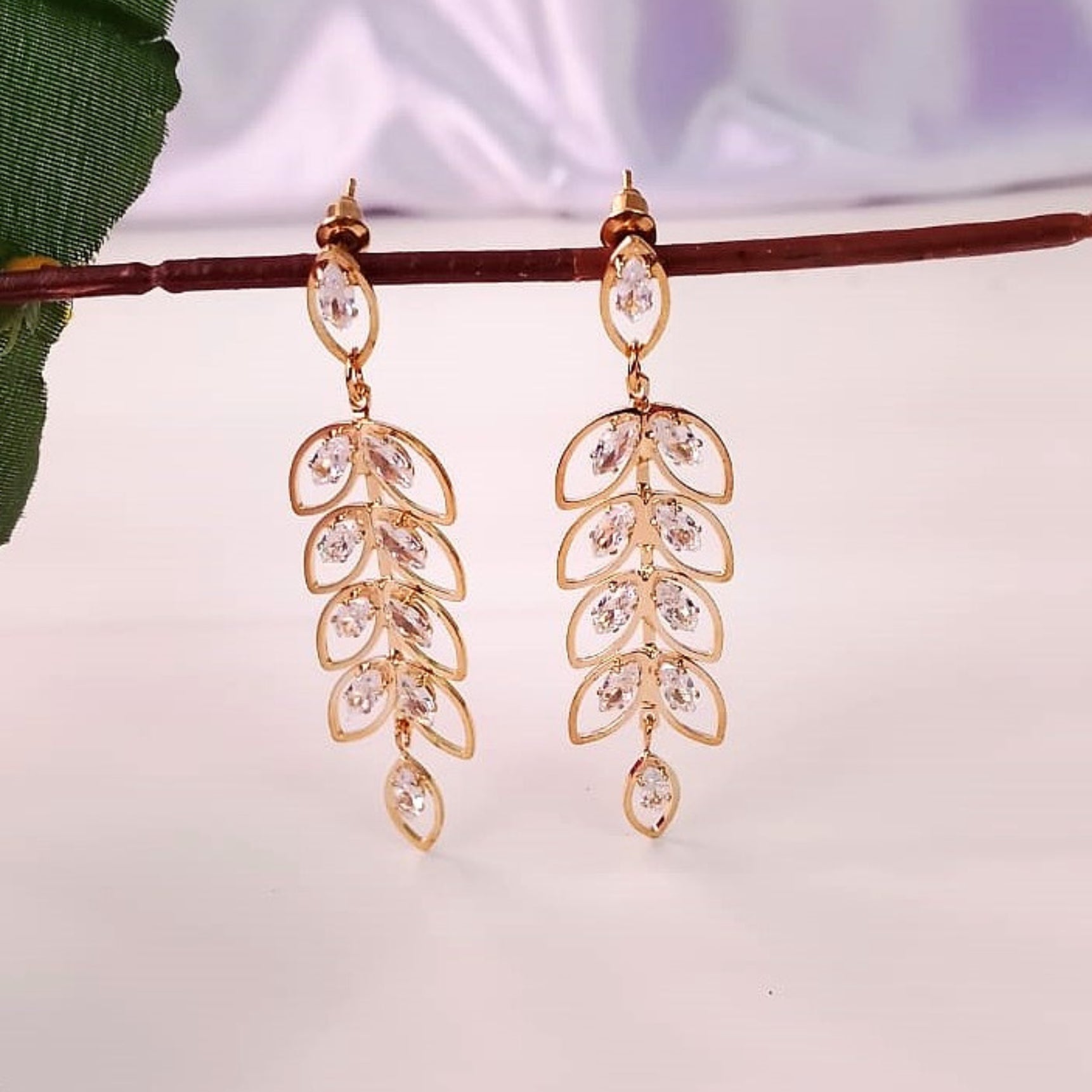 Golden Crystal Leaf Dangler Earrings