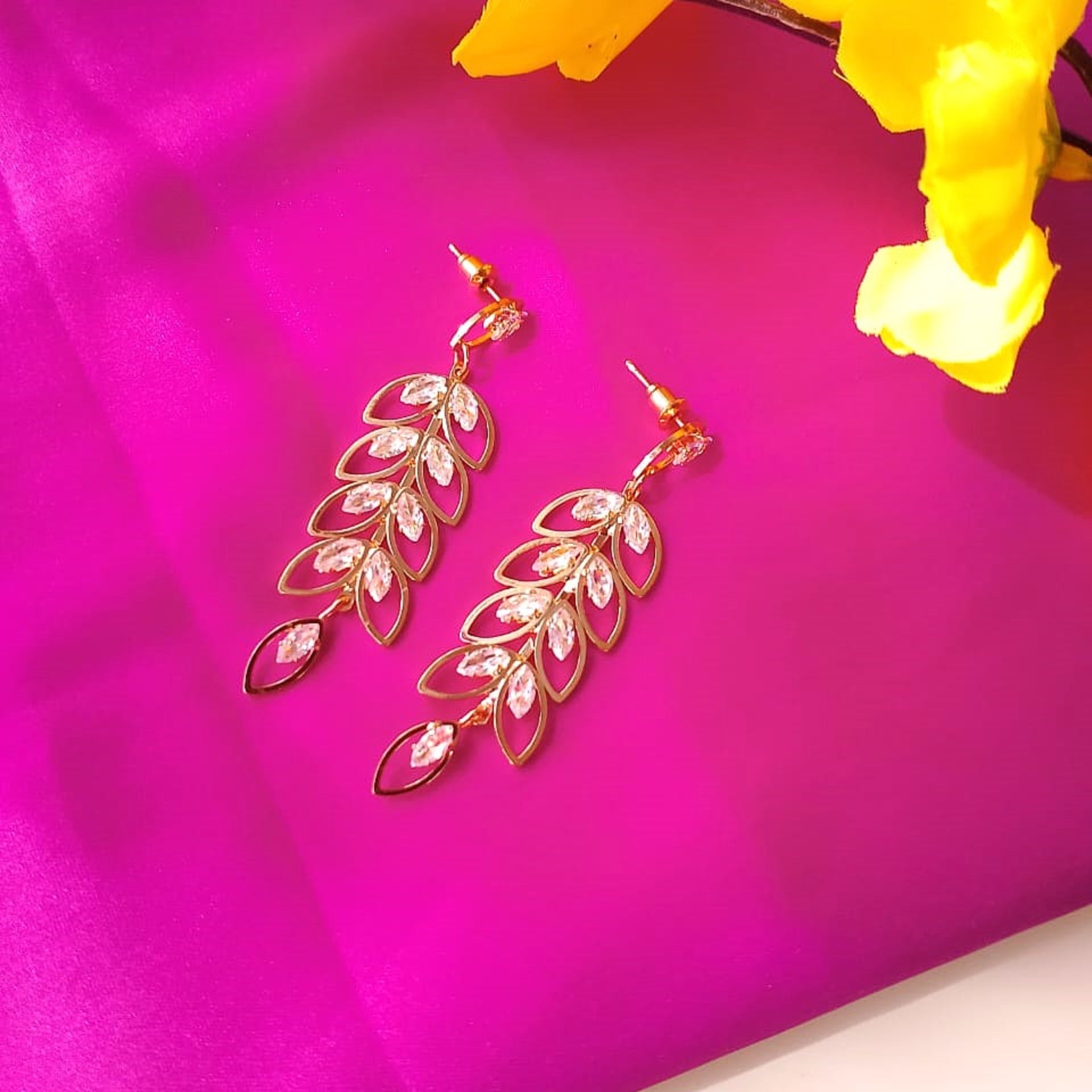 Golden Crystal Leaf Dangler Earrings