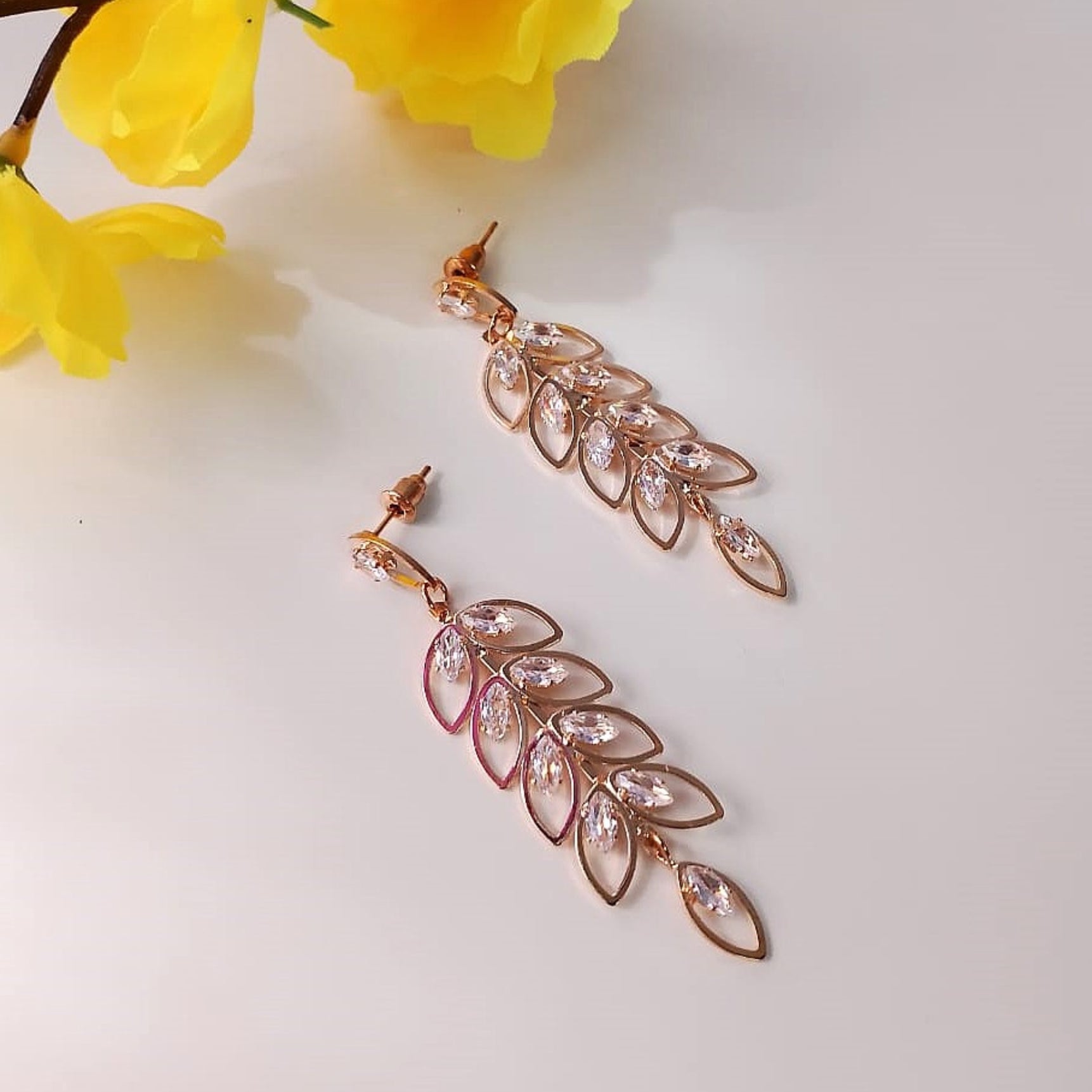 Golden Crystal Leaf Dangler Earrings