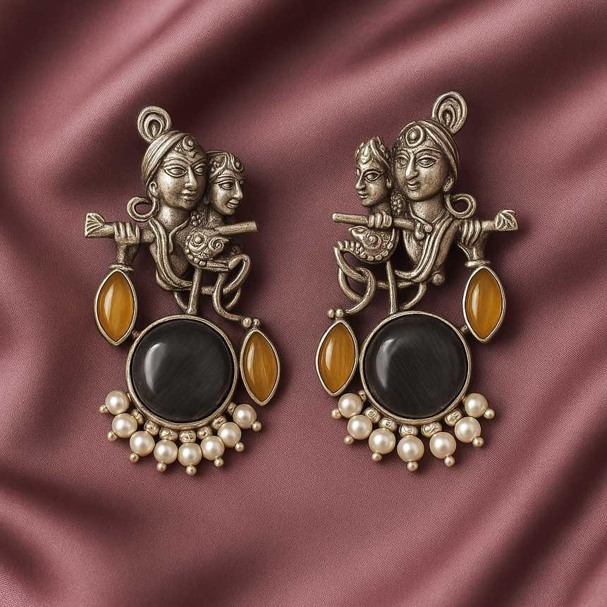 Radha Krishna Oxidised Silver Earrings for Women with Black Stone & Yellow Accents