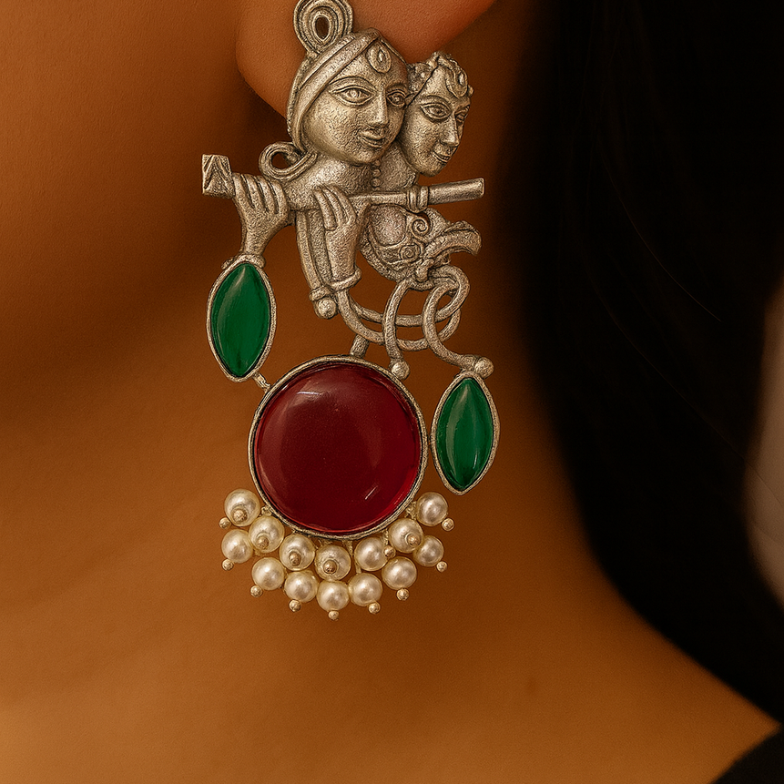 Radha Krishna Beautiful Silver Plated Oxidised Earring in Marooon
