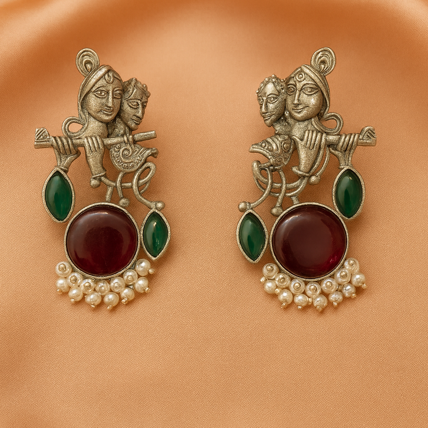 Radha Krishna Beautiful Silver Plated Oxidised Earring in Marooon