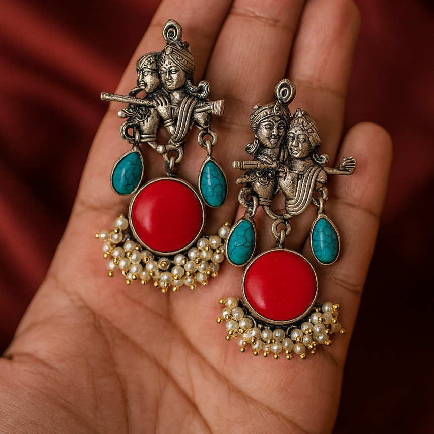 Radha Krishna Beautiful Silver Plated Oxidised Earring in Red