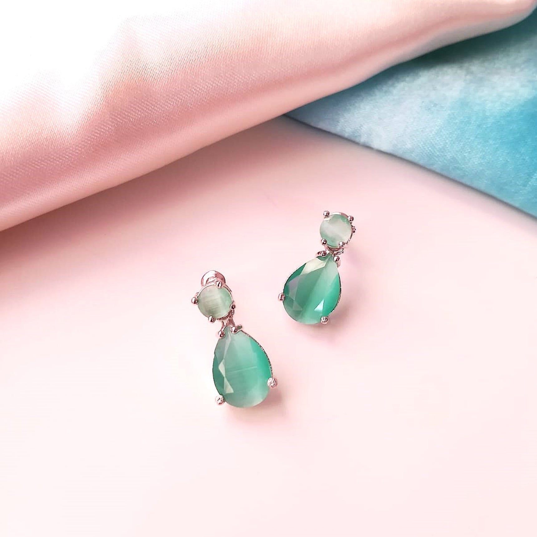 Mint Green AD Water Droplet Earrings