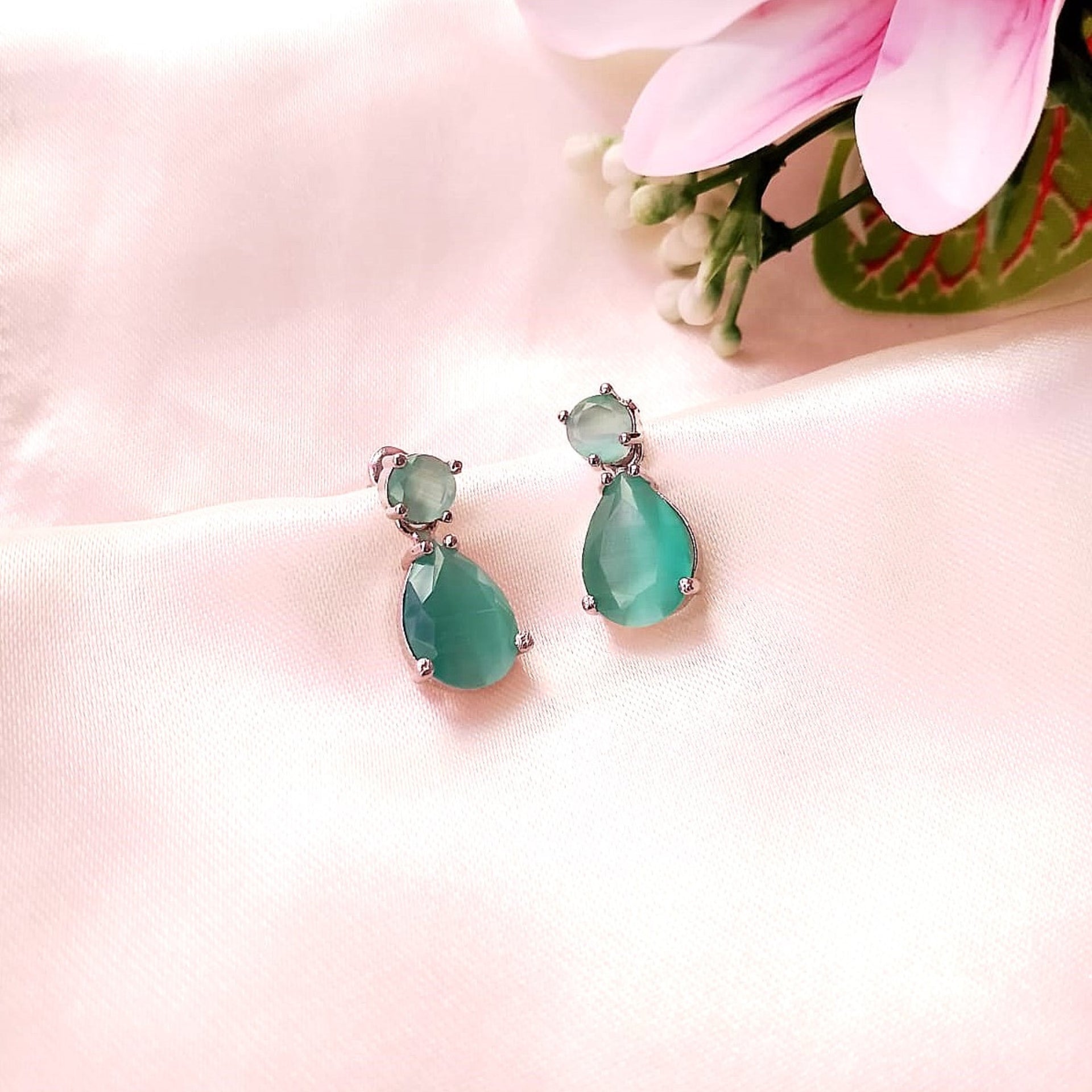 Mint Green AD Water Droplet Earrings