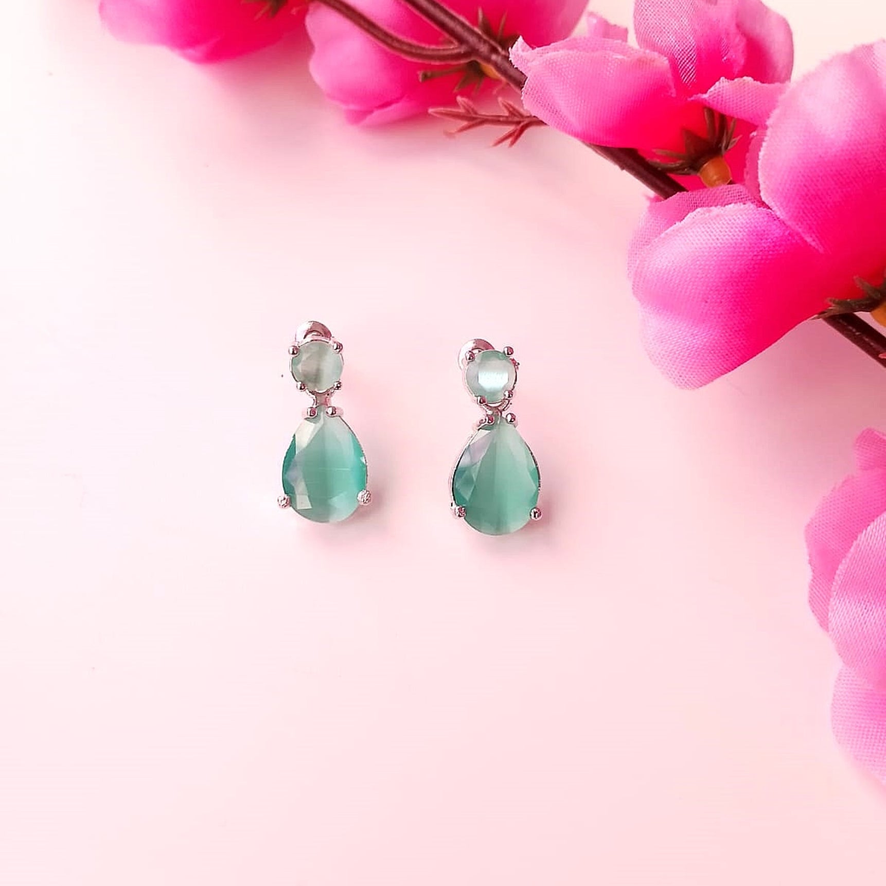 Mint Green AD Water Droplet Earrings