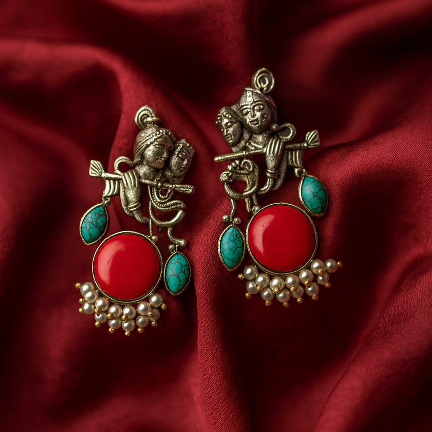Radha Krishna Beautiful Silver Plated Oxidised Earring in Red