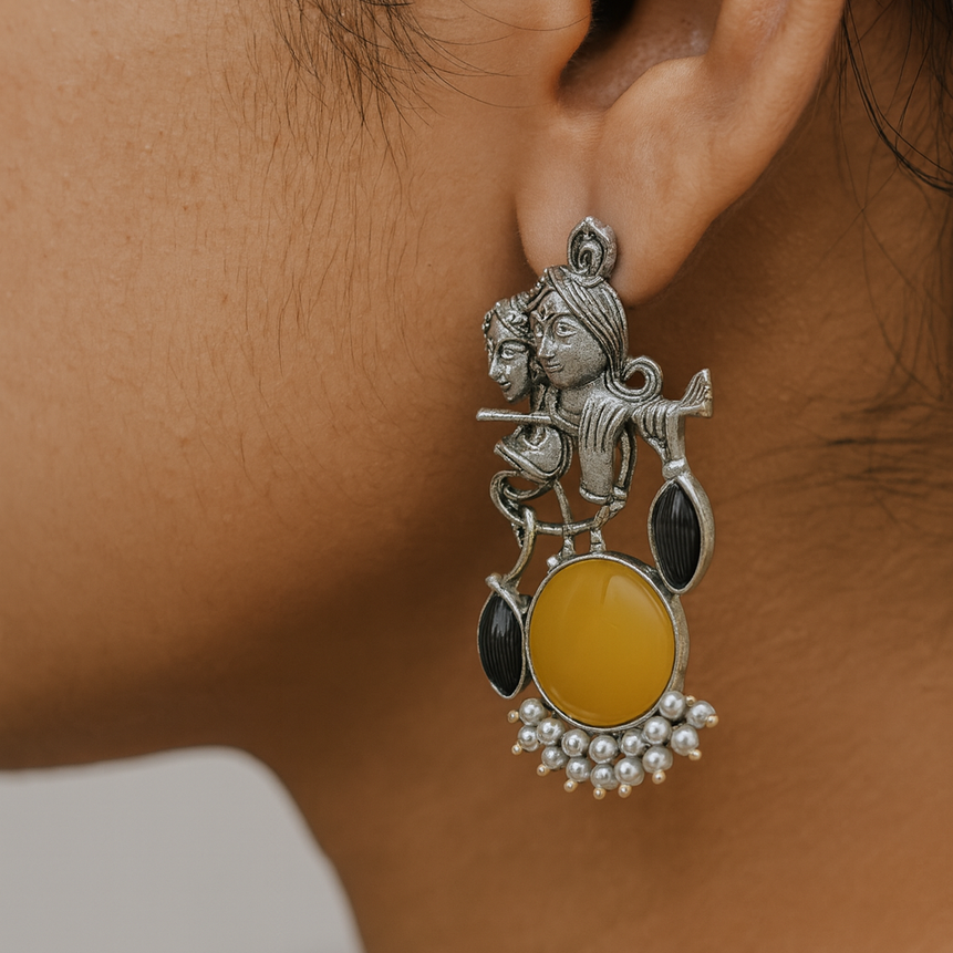 Radha Krishna Beautiful Silver Plated Oxidised Earring in yellow