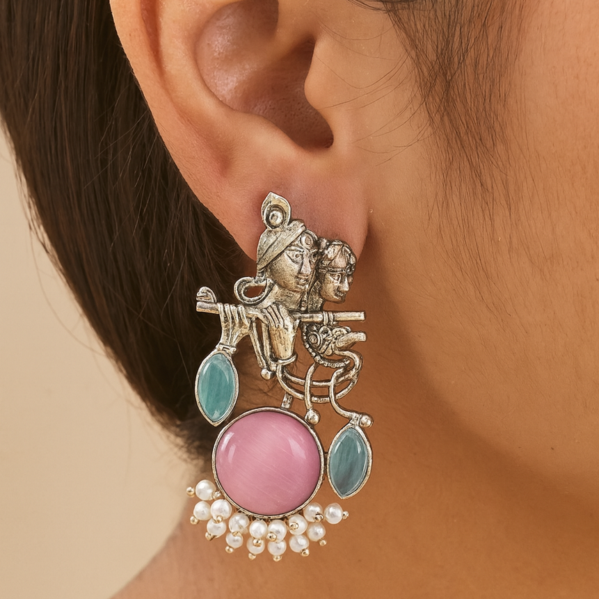 Radha Krishna Pink Stone Silver platted Oxidised Earrings for Women