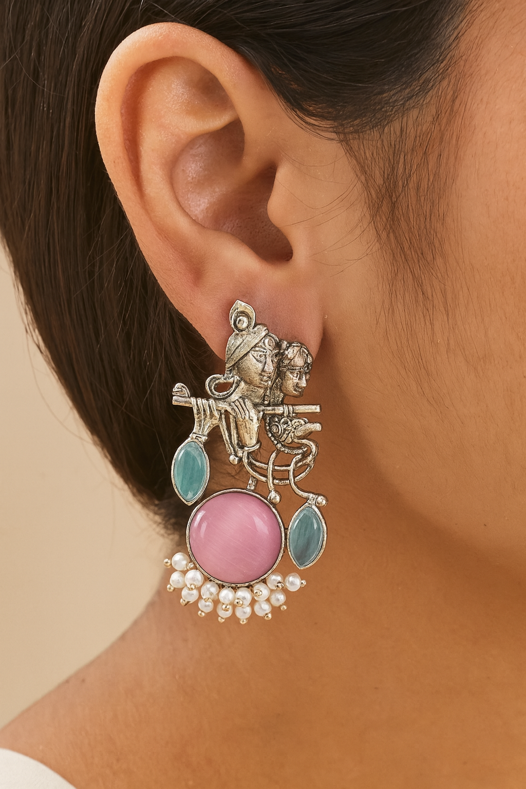 Radha Krishna Pink Stone Silver platted Oxidised Earrings for Women