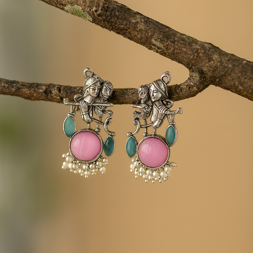 Radha Krishna Pink Stone Silver platted Oxidised Earrings for Women