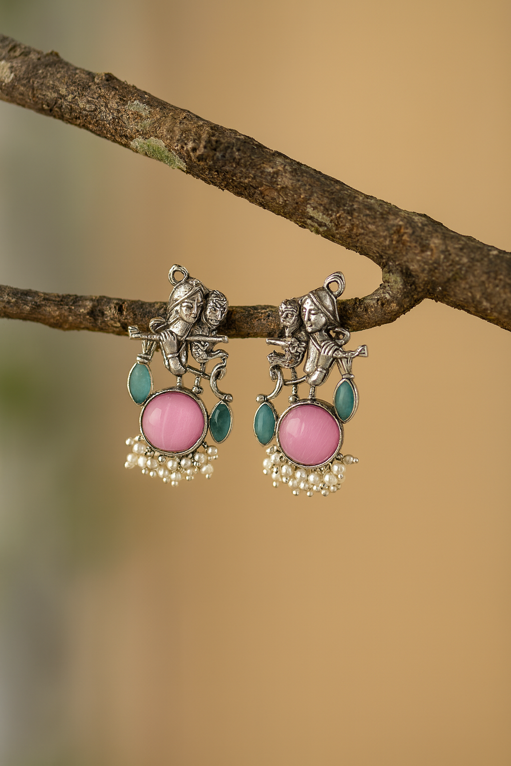 Radha Krishna Pink Stone Silver platted Oxidised Earrings for Women
