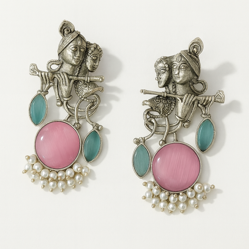 Radha Krishna Pink Stone Silver platted Oxidised Earrings for Women