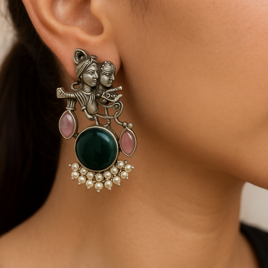 Radha Krishna Oxidised Earrings for women in Green with Pearl Drops