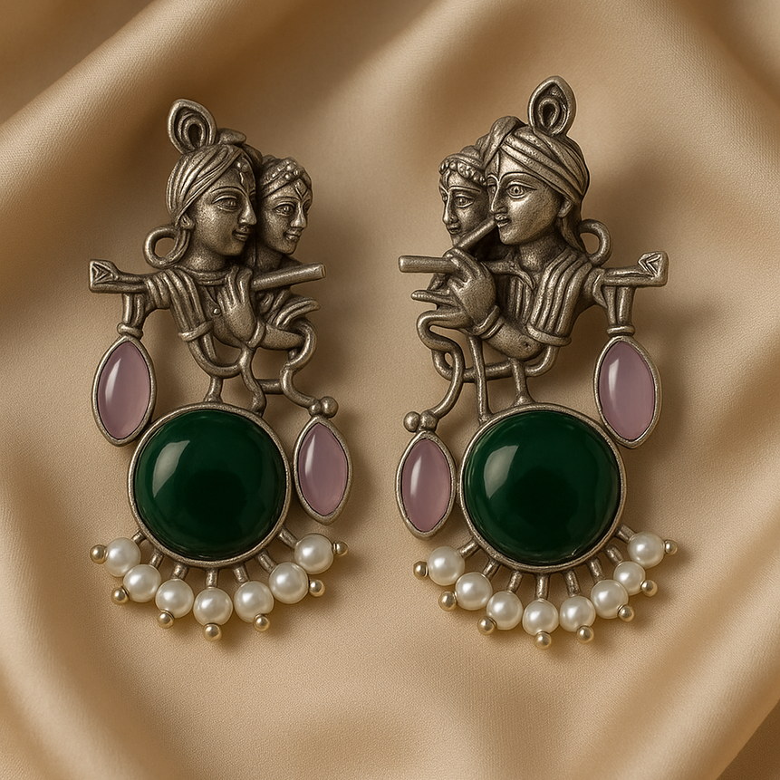 Radha Krishna Oxidised Earrings for women in Green with Pearl Drops
