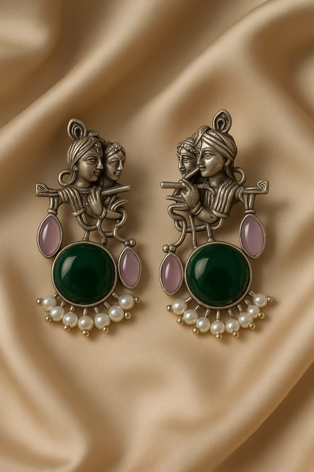 Radha Krishna Oxidised Earrings for women in Green with Pearl Drops