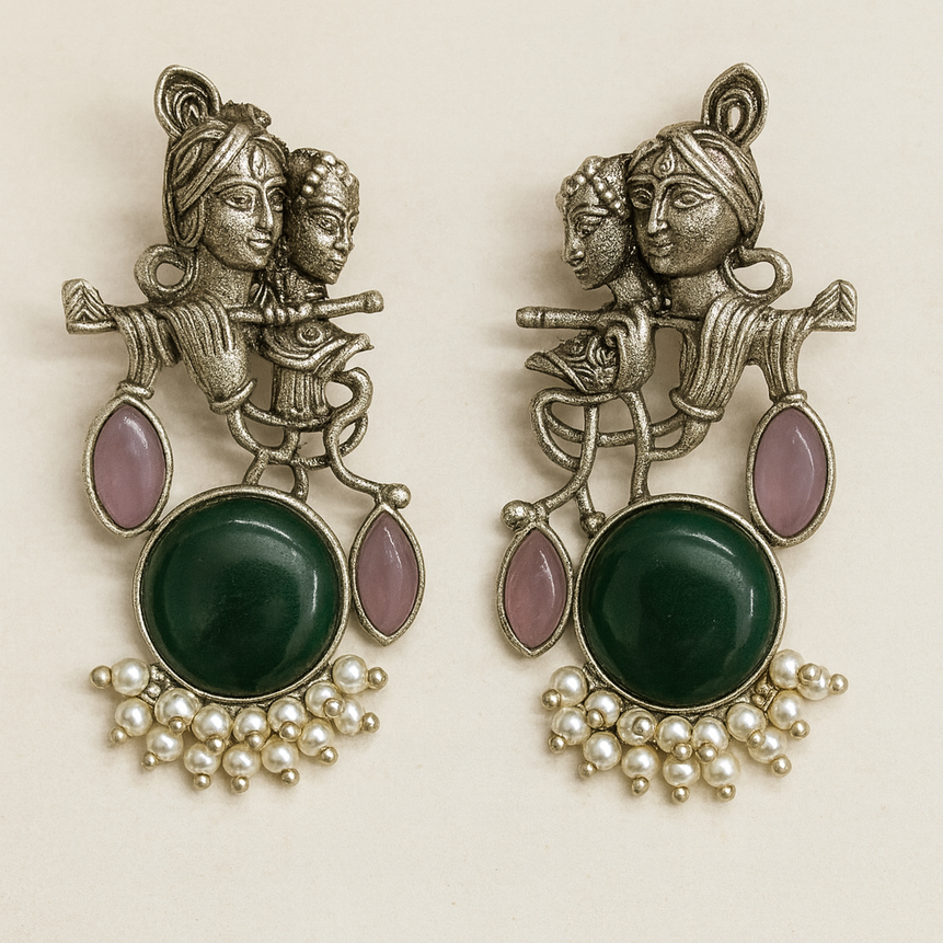 Radha Krishna Oxidised Earrings for women in Green with Pearl Drops