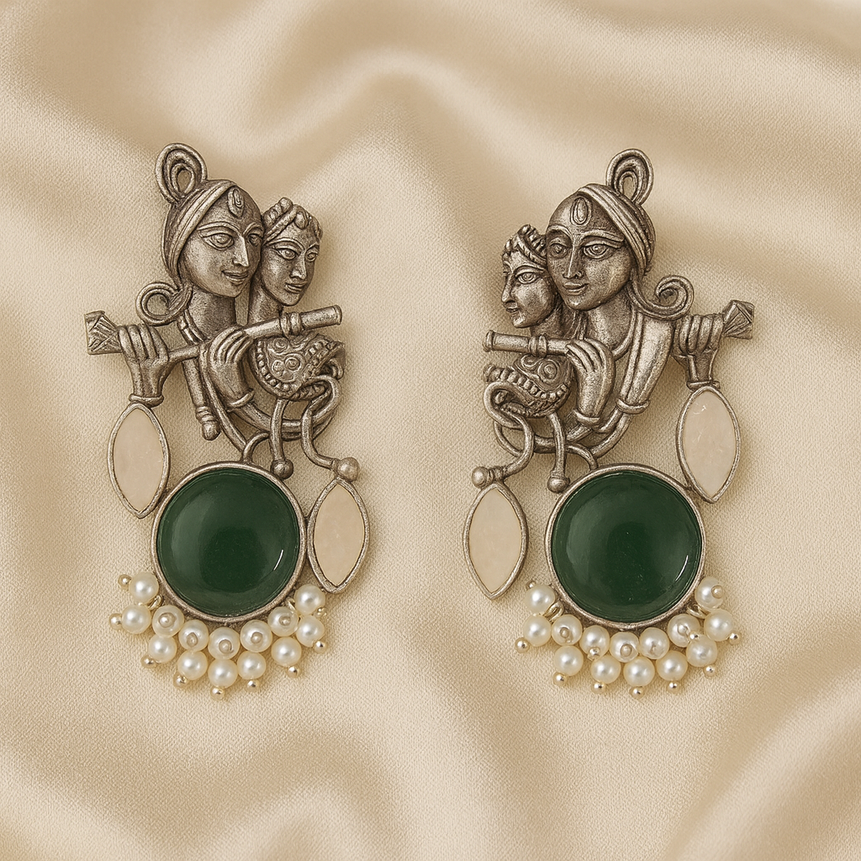 Radha Krishna Oxidised Earrings for women in Green with White Drops